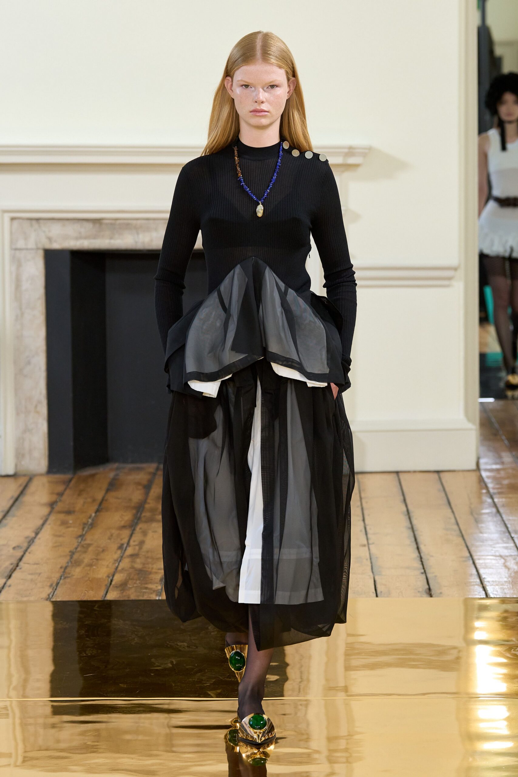 black cotton long-sleeve high-neck fitted pleated layered dress