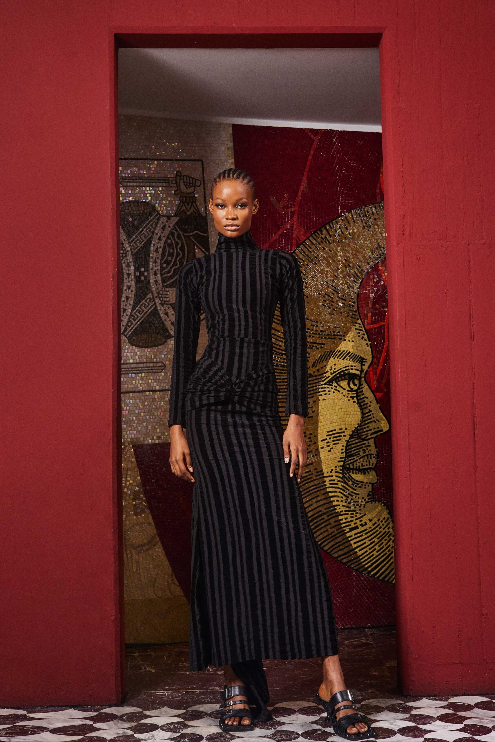 black velvet long-sleeve gown