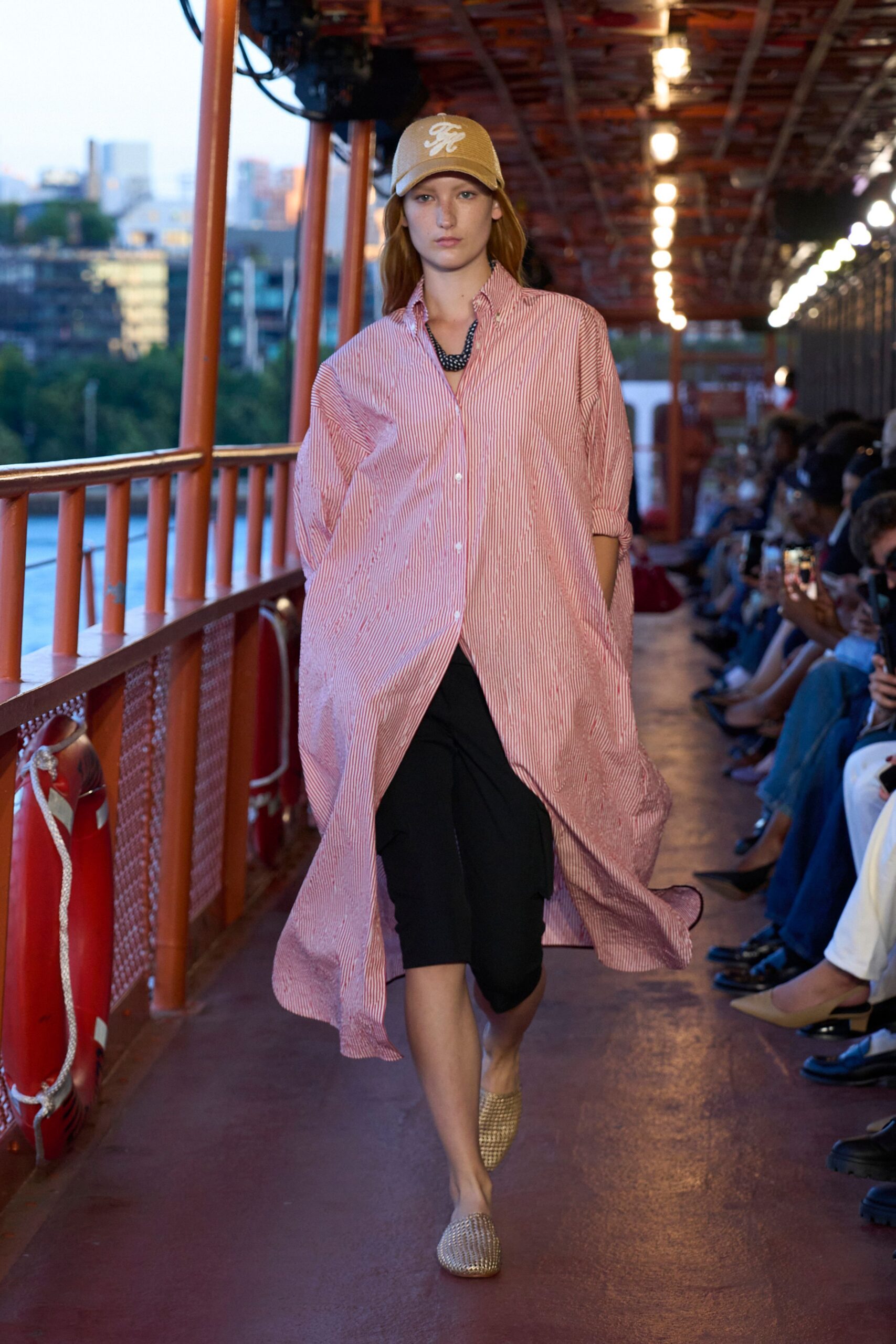 red cotton long-sleeve collared relaxed striped midi shirt-dress