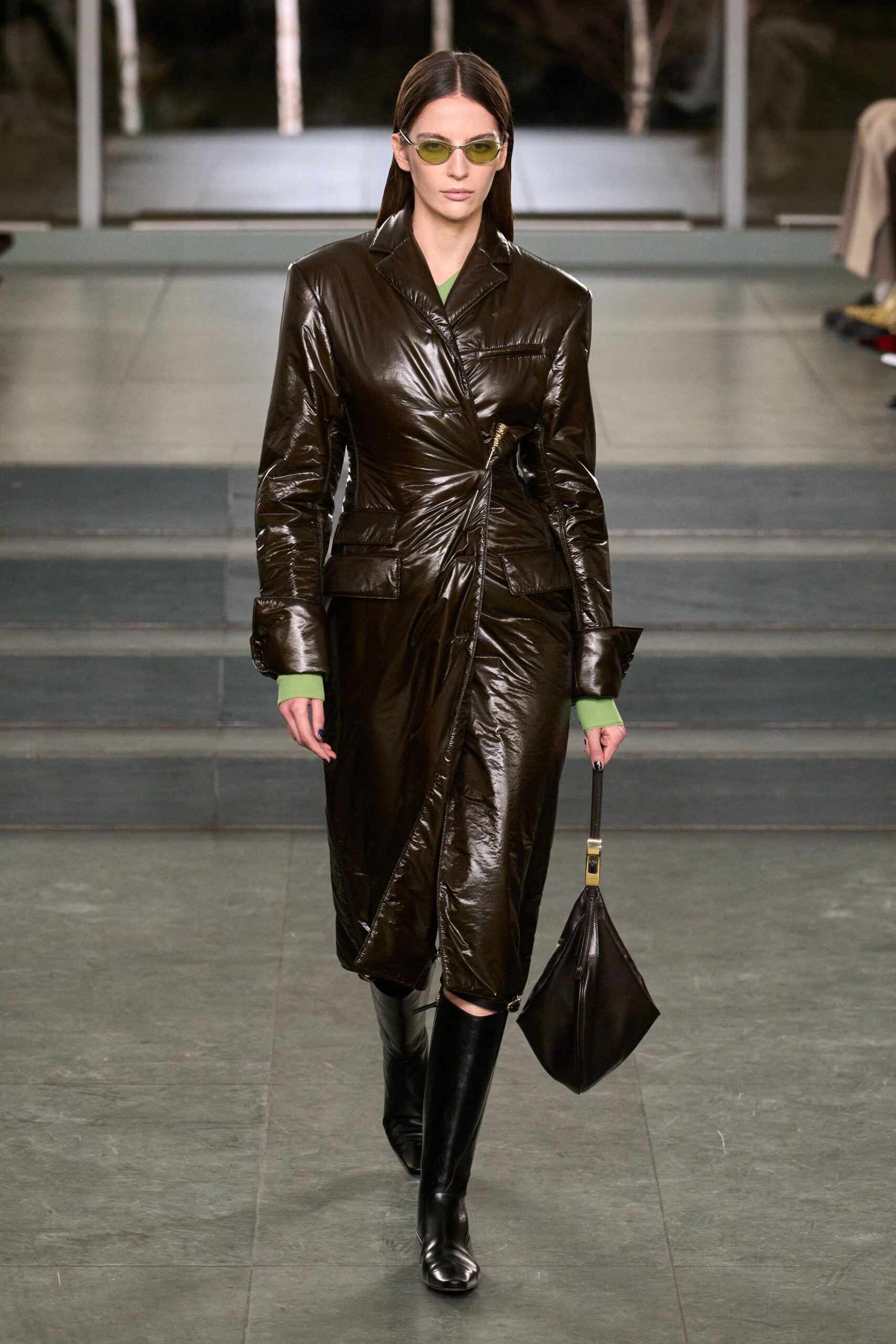 brown vinyl long-sleeve collared fitted zippered belted coat