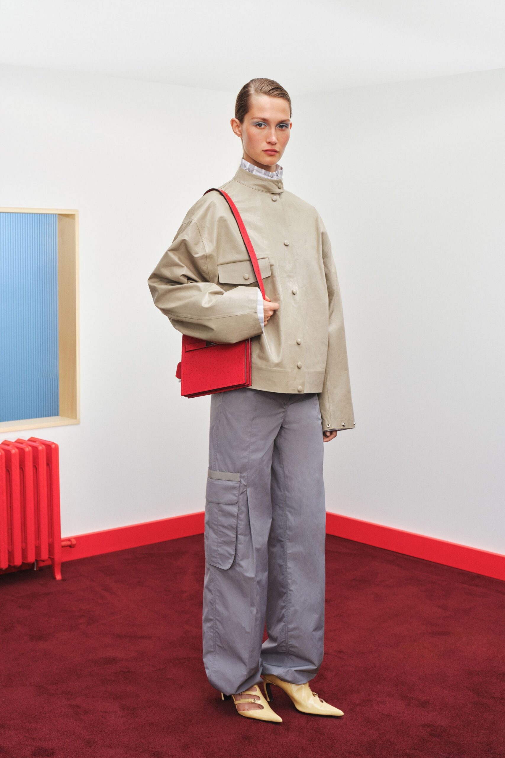 beige leather long-sleeve collared relaxed buttoned jacket
