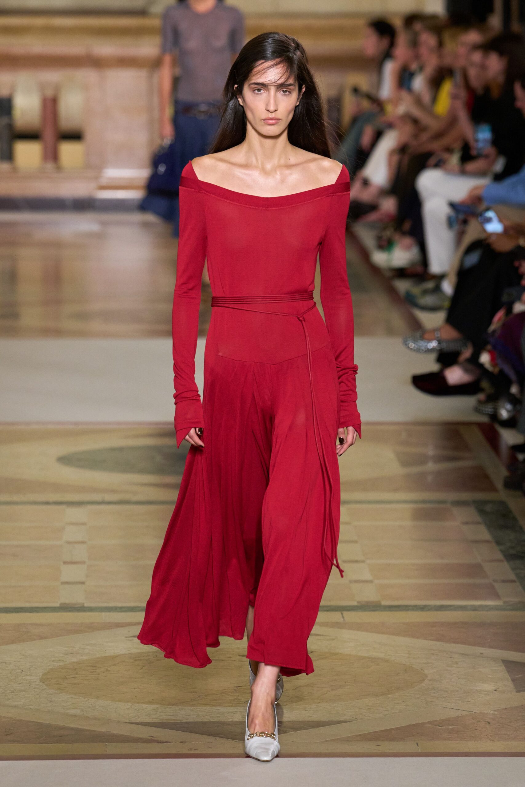 red silk long-sleeve off-shoulder fitted flowing maxi dress
