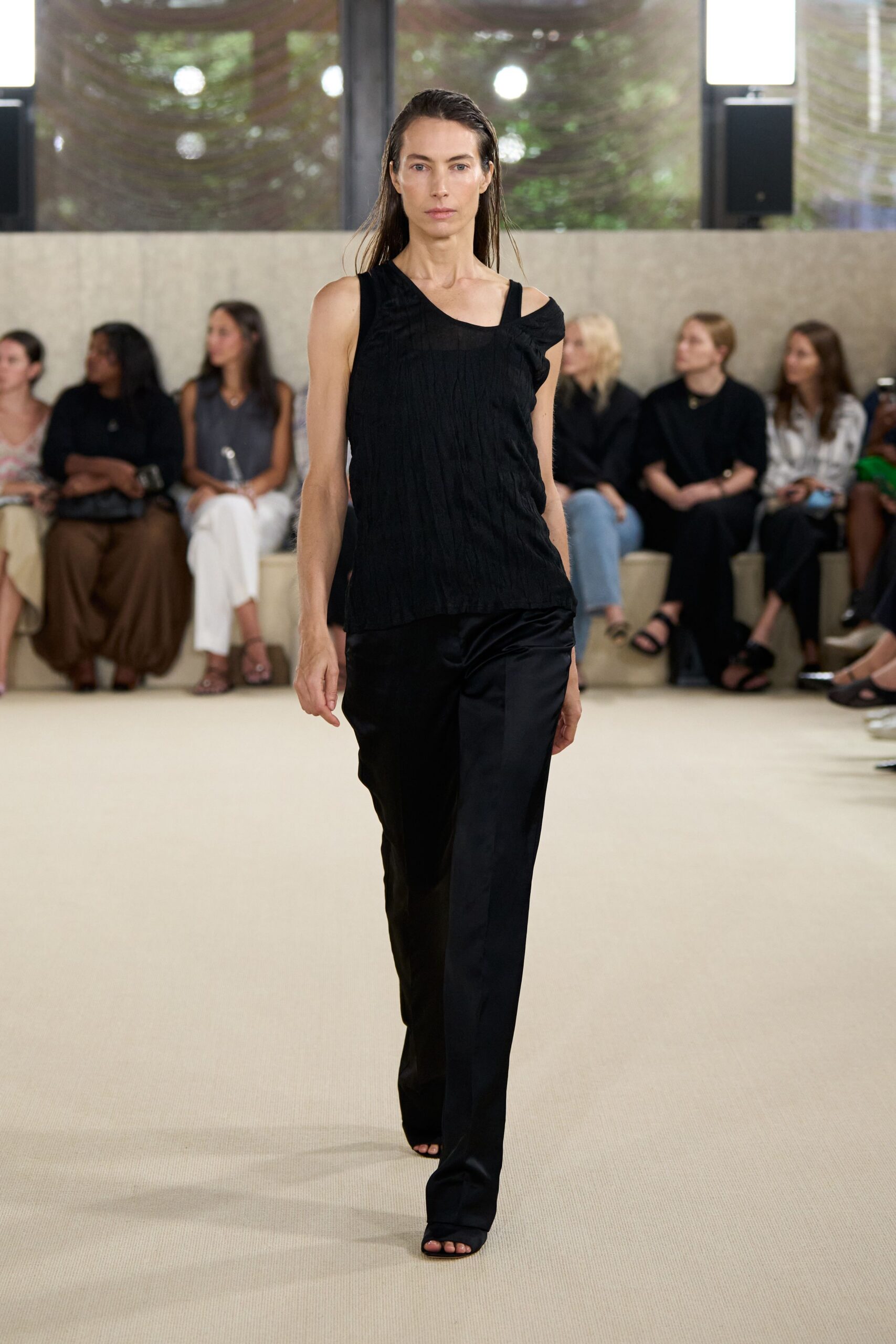 black silk fitted top and pants