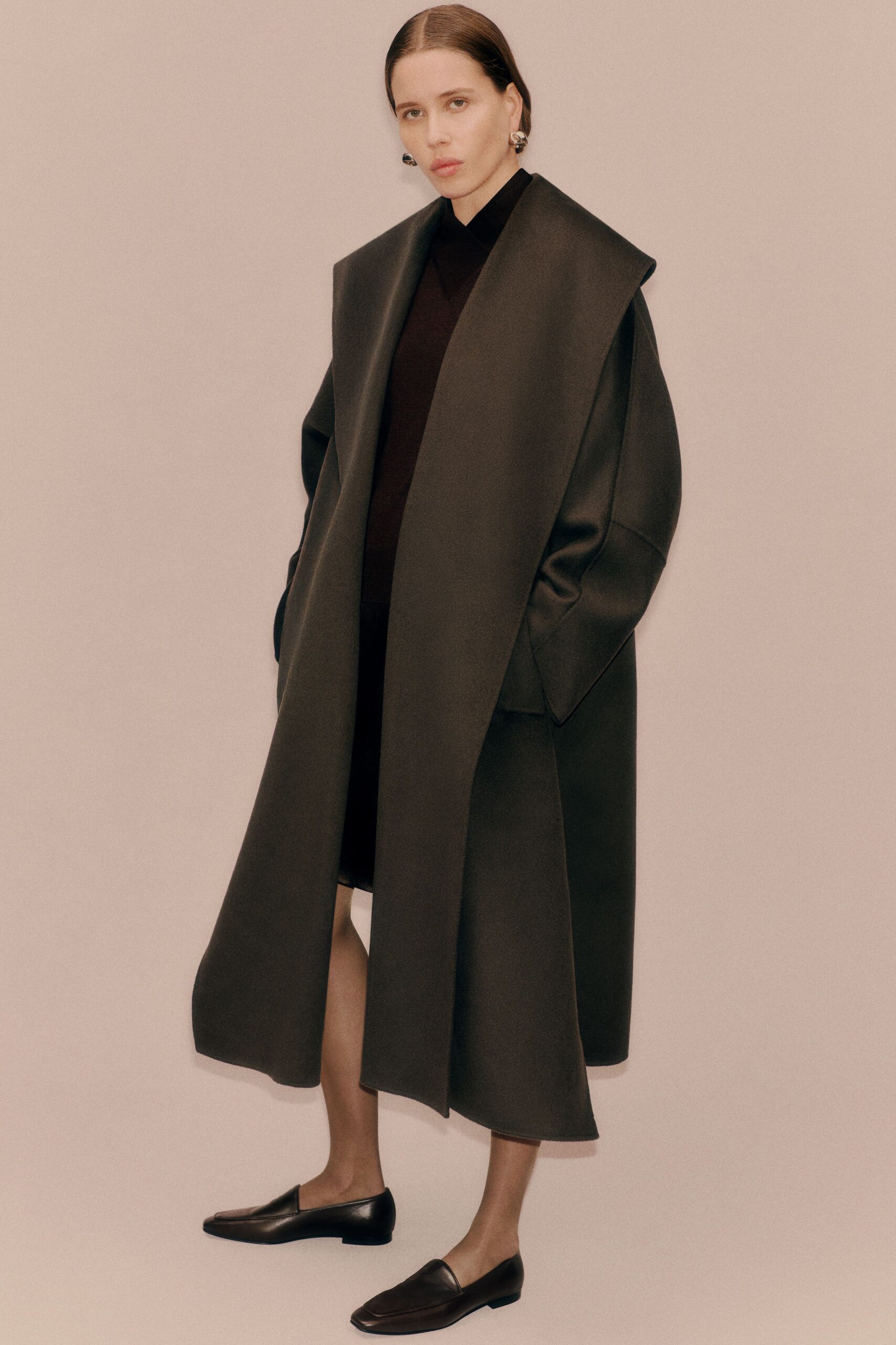 black wool long-sleeve collared relaxed draped maxi coat