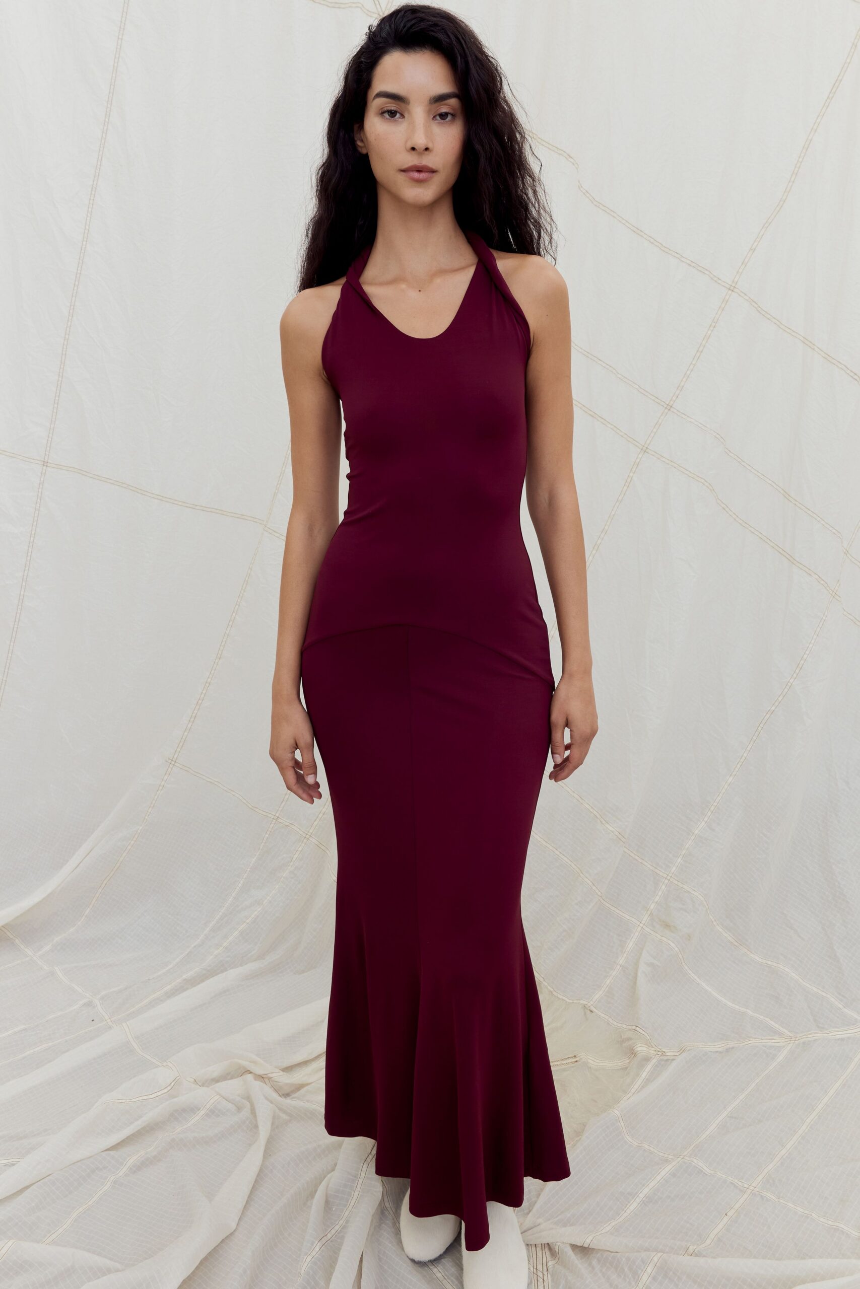 red cotton sleeveless v-neck fitted flared maxi dress