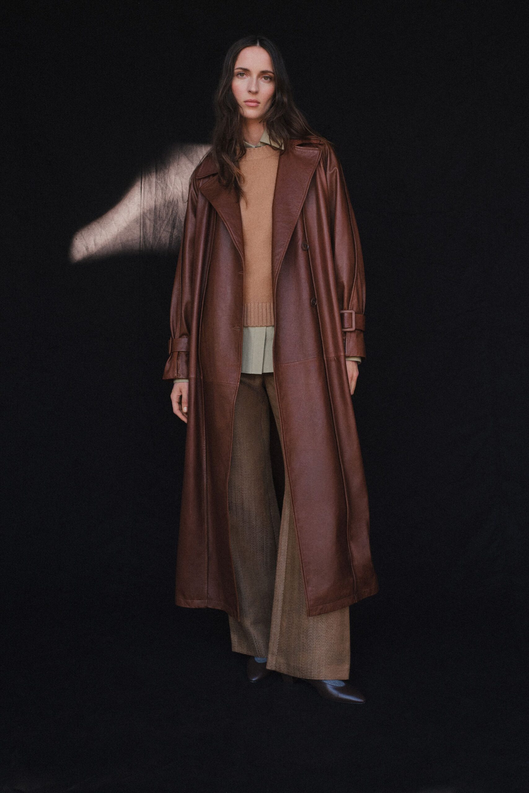 brown leather long-sleeve collared relaxed zippered maxi coat