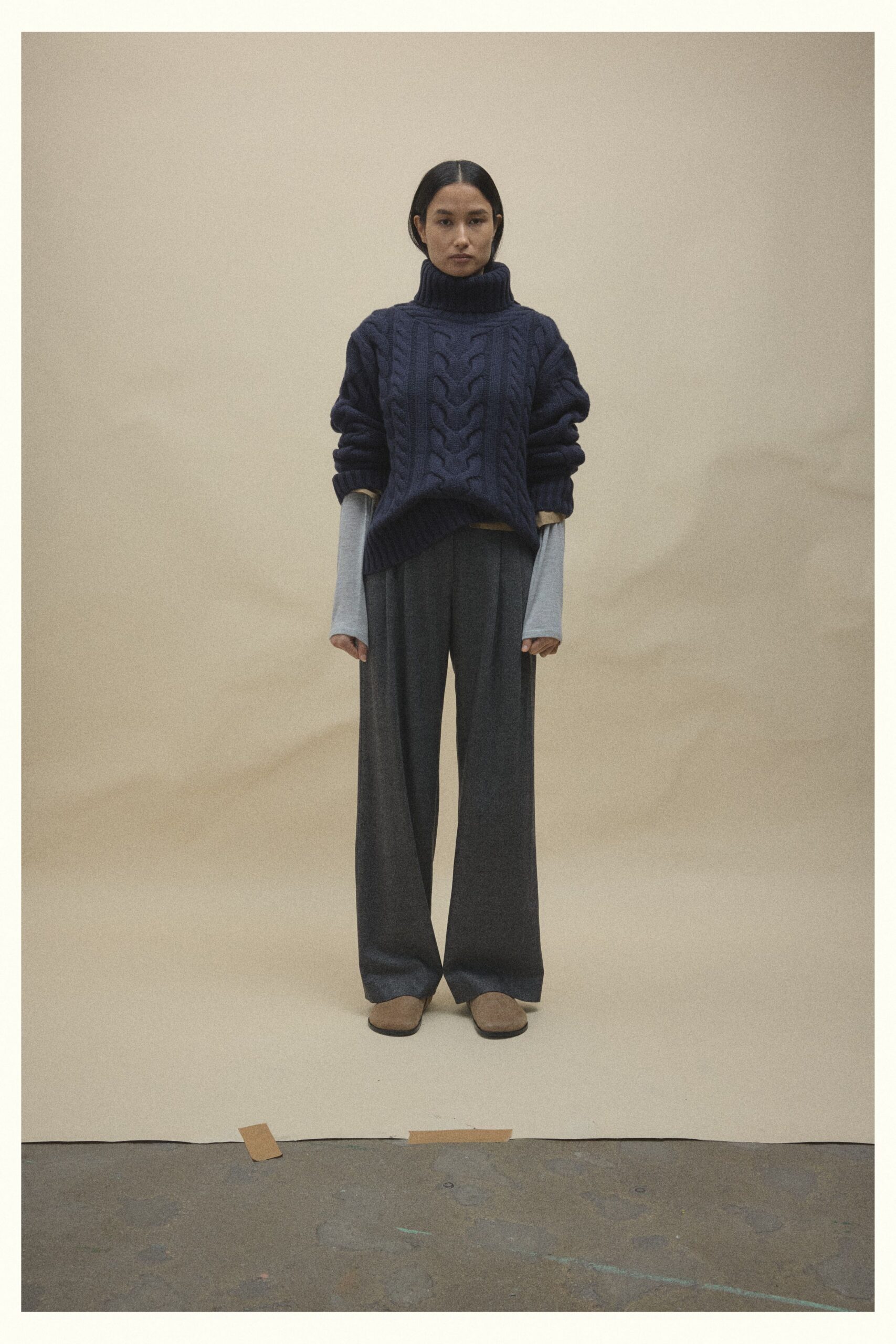 blue wool long-sleeve turtleneck oversized ribbed cropped sweater