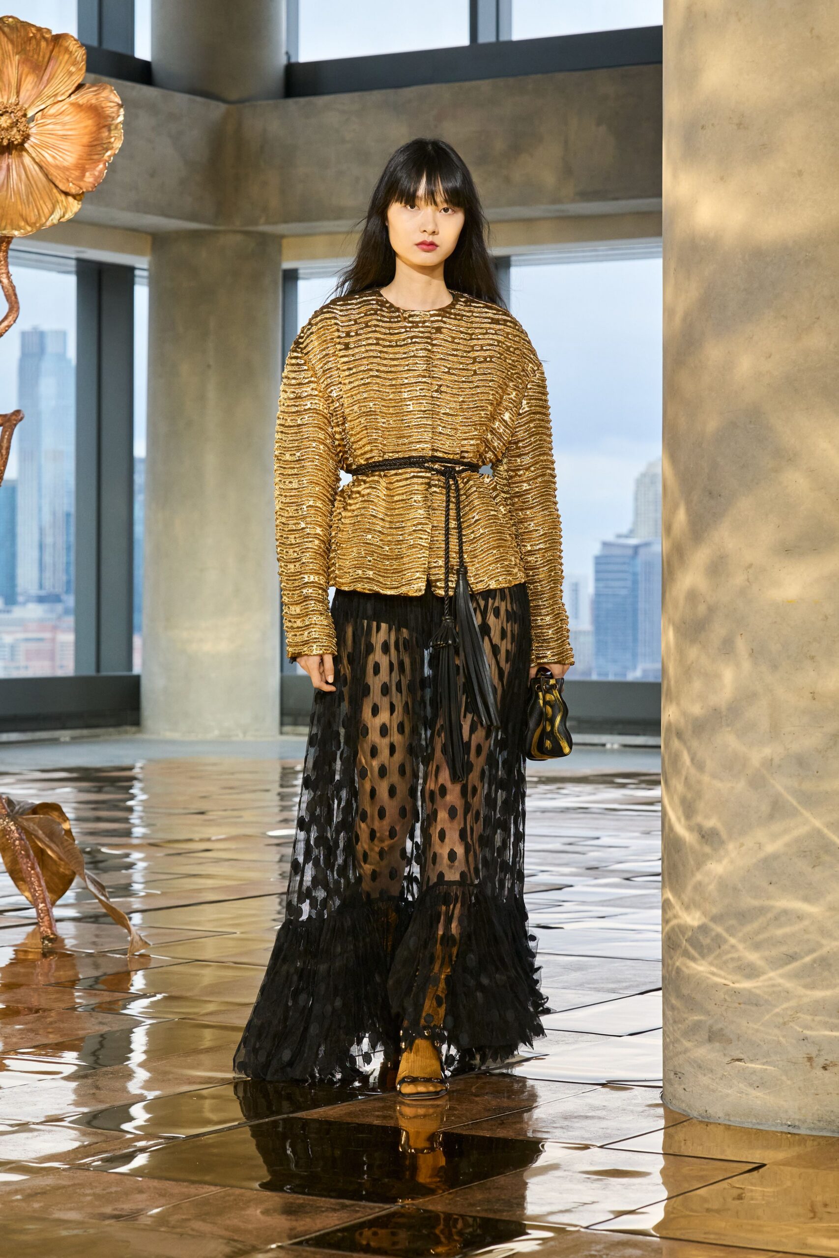 gold silk long-sleeve collared relaxed pleated shiny top