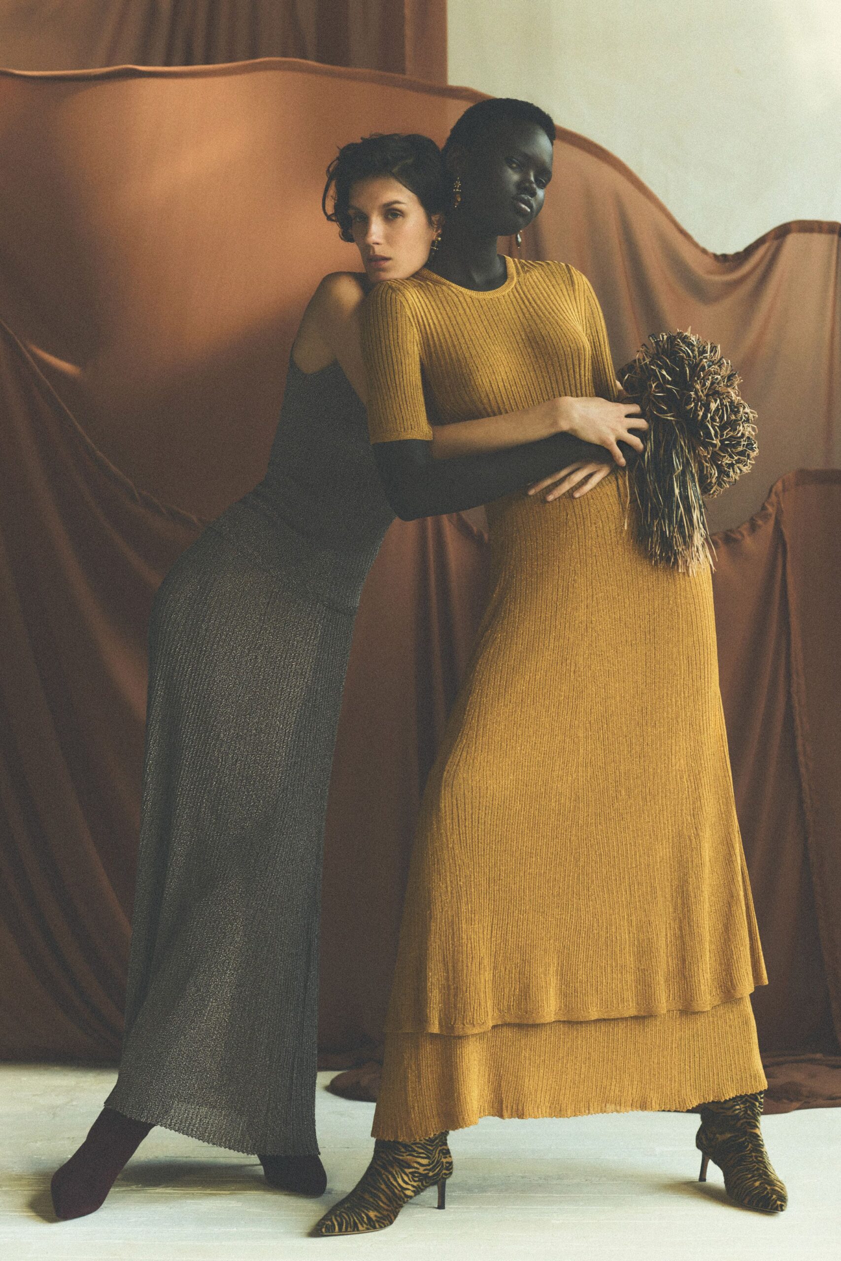 gray knit sleeveless high-neck fitted ribbed maxi dress