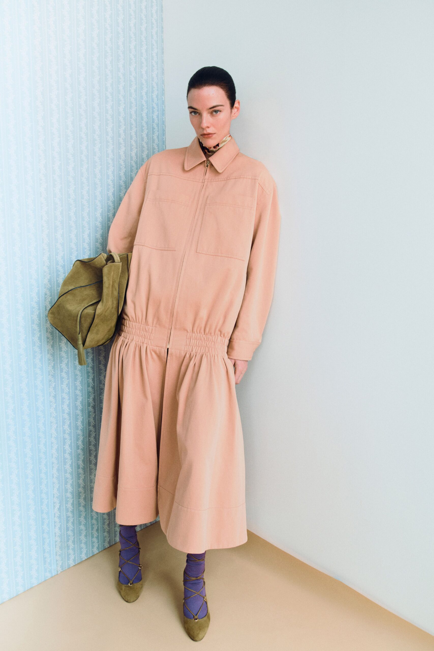 beige cotton long-sleeve collared relaxed zippered pleated dress
