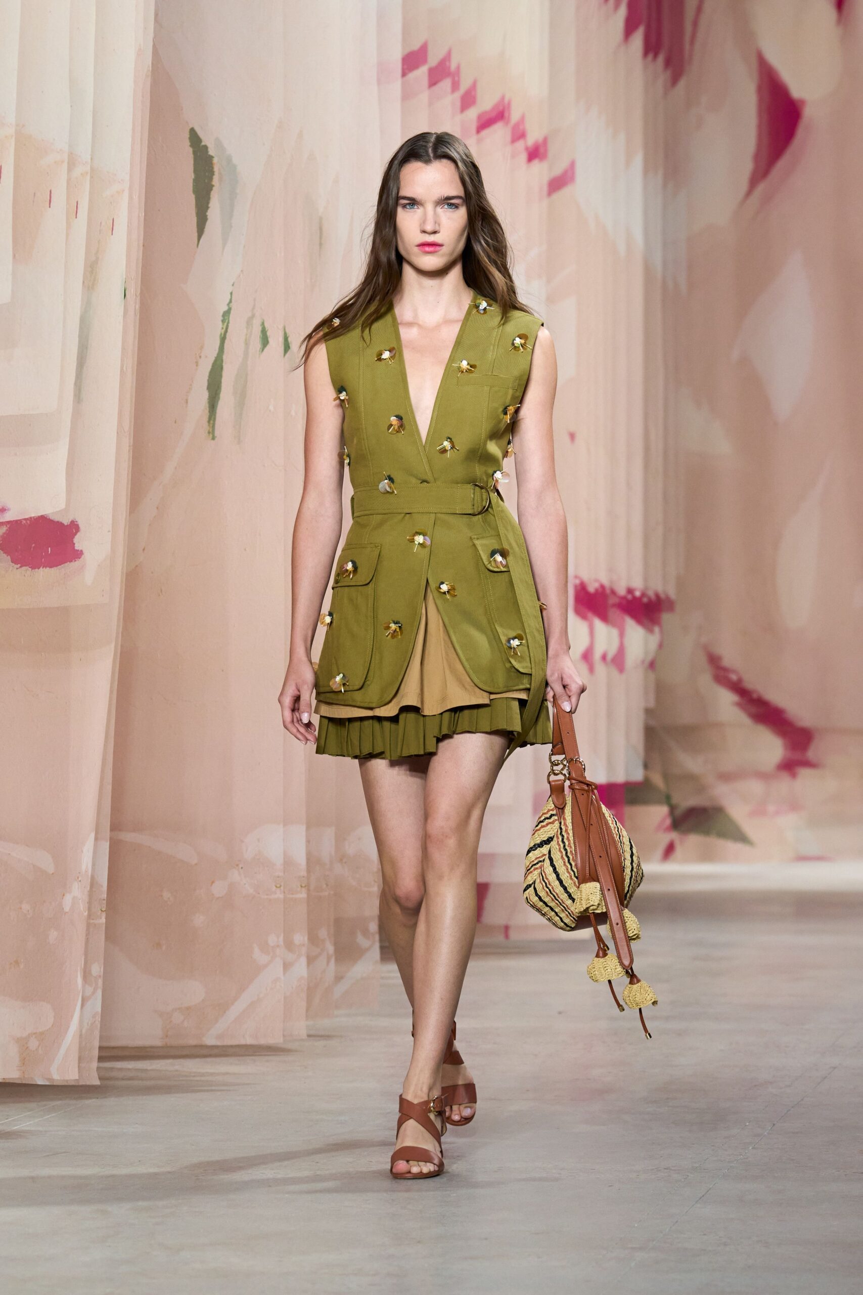 green cotton sleeveless v-neck fitted pleated buttoned dress