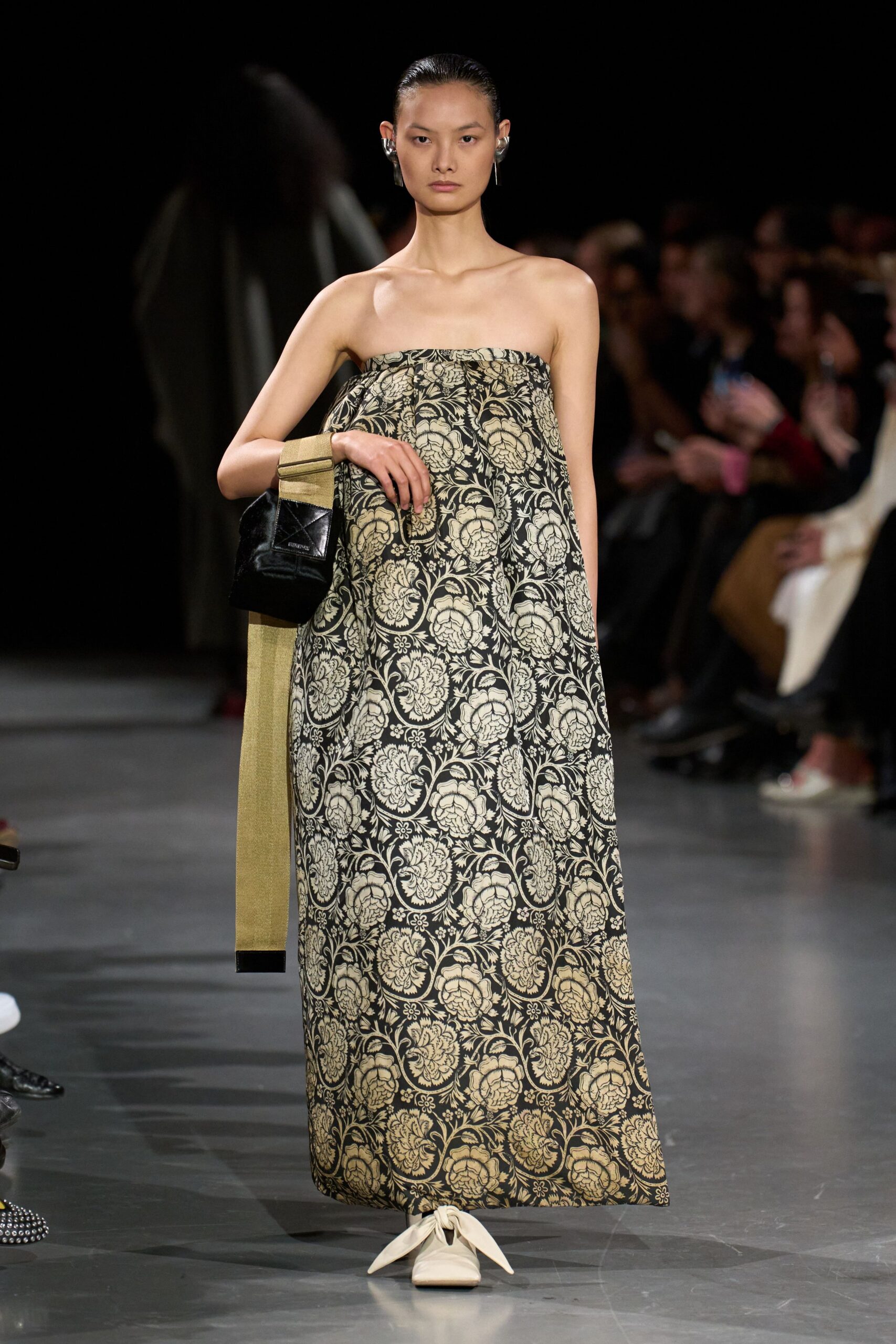 black silk strapless fitted embroidered maxi gown