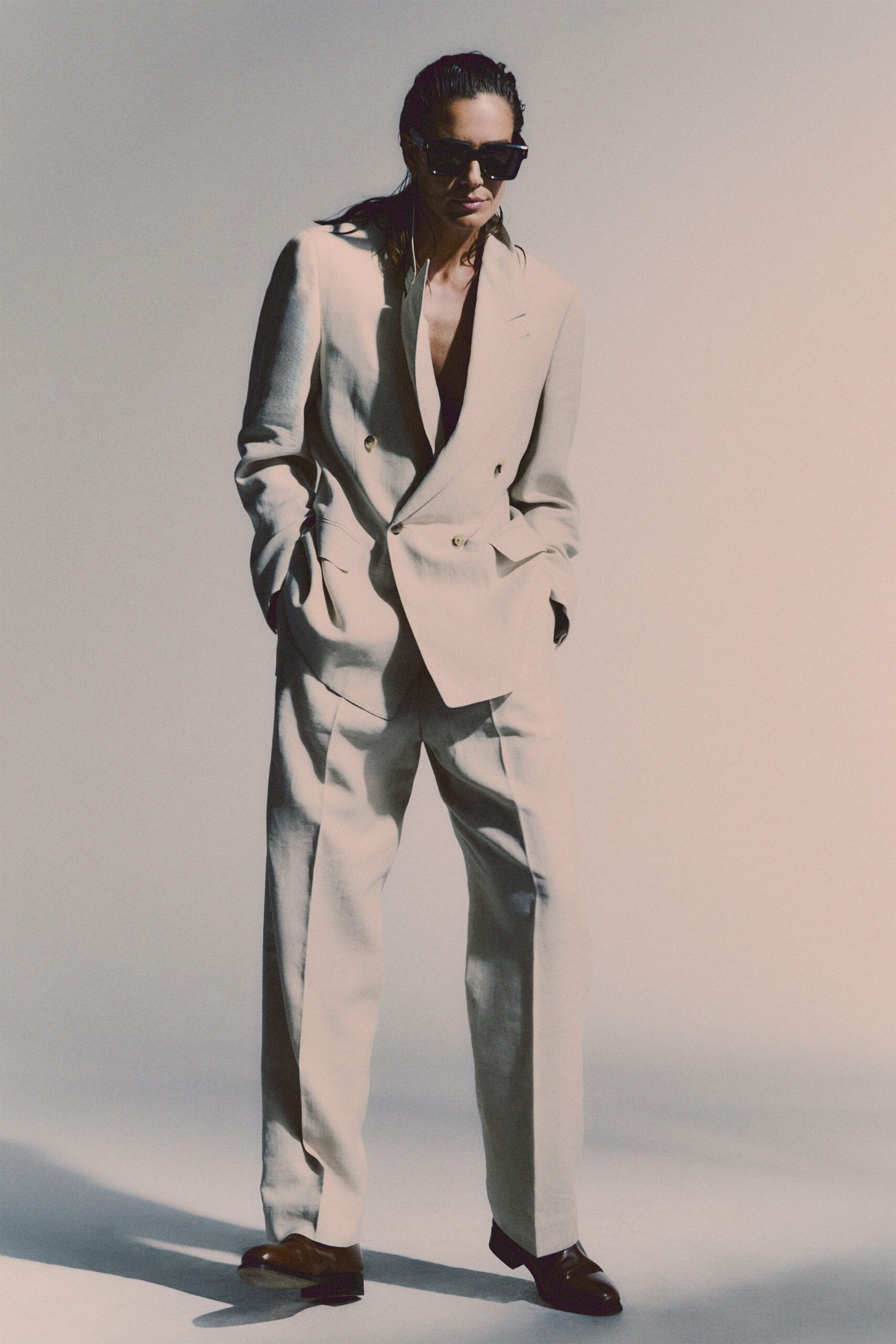 beige linen long-sleeve collared tailored suit