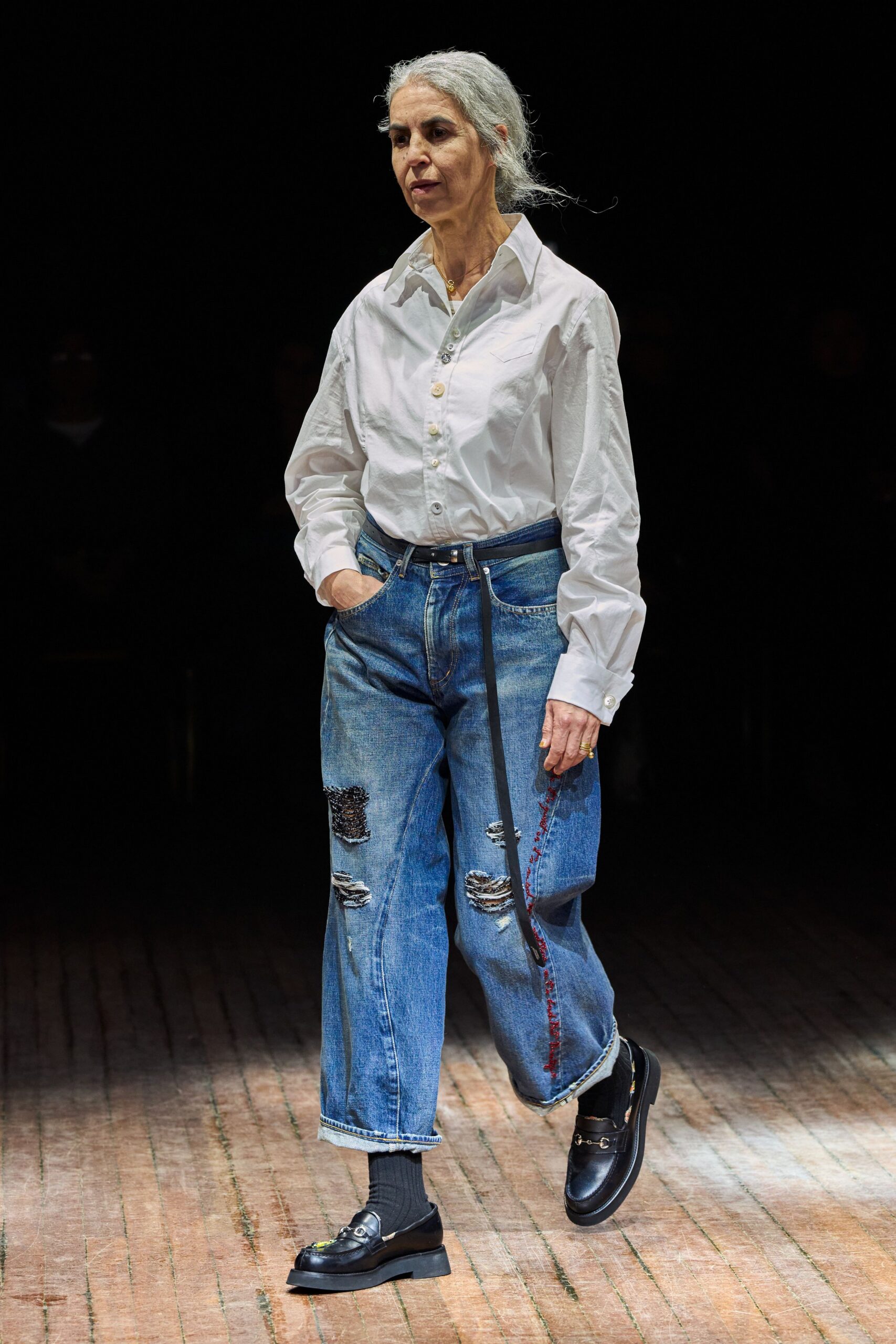 white shirt blue distressed jeans