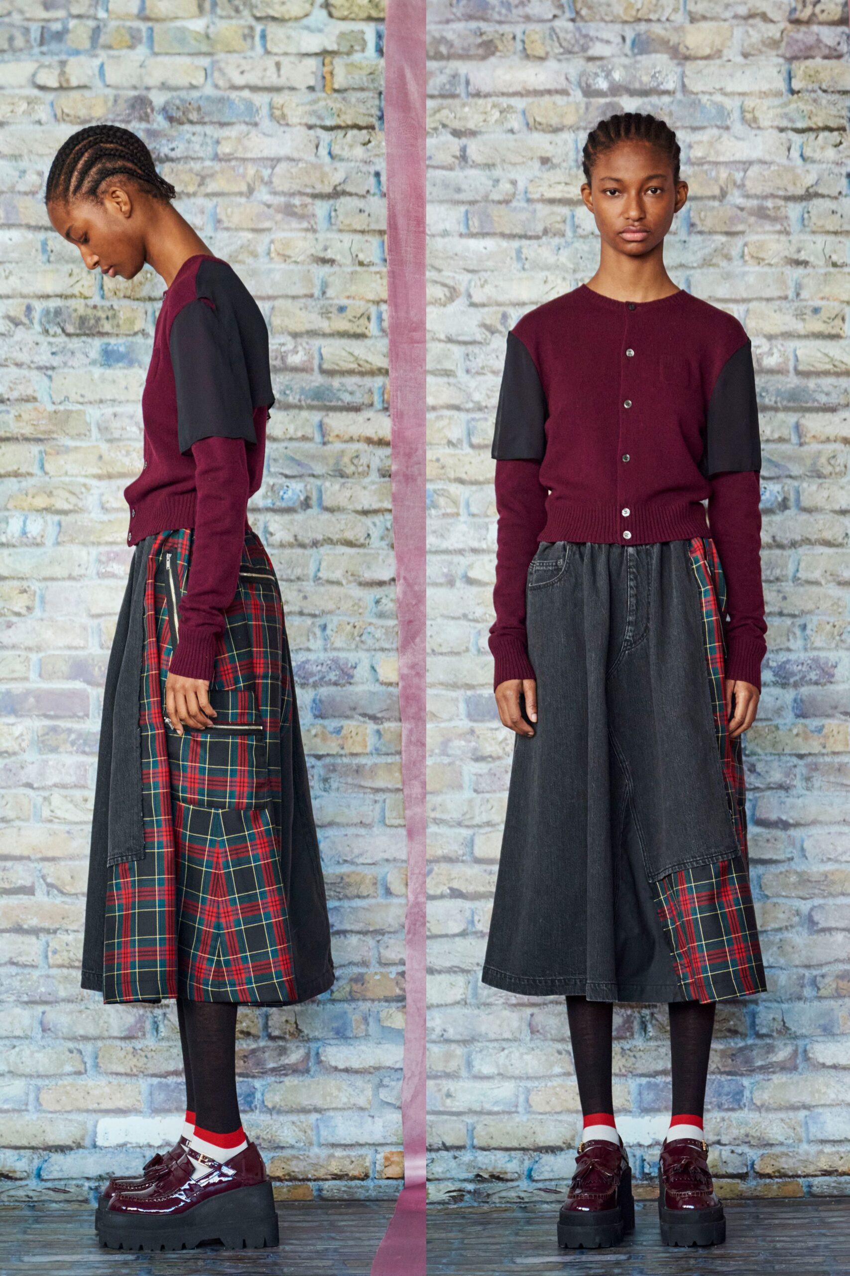 maroon cardigan with plaid culottes
