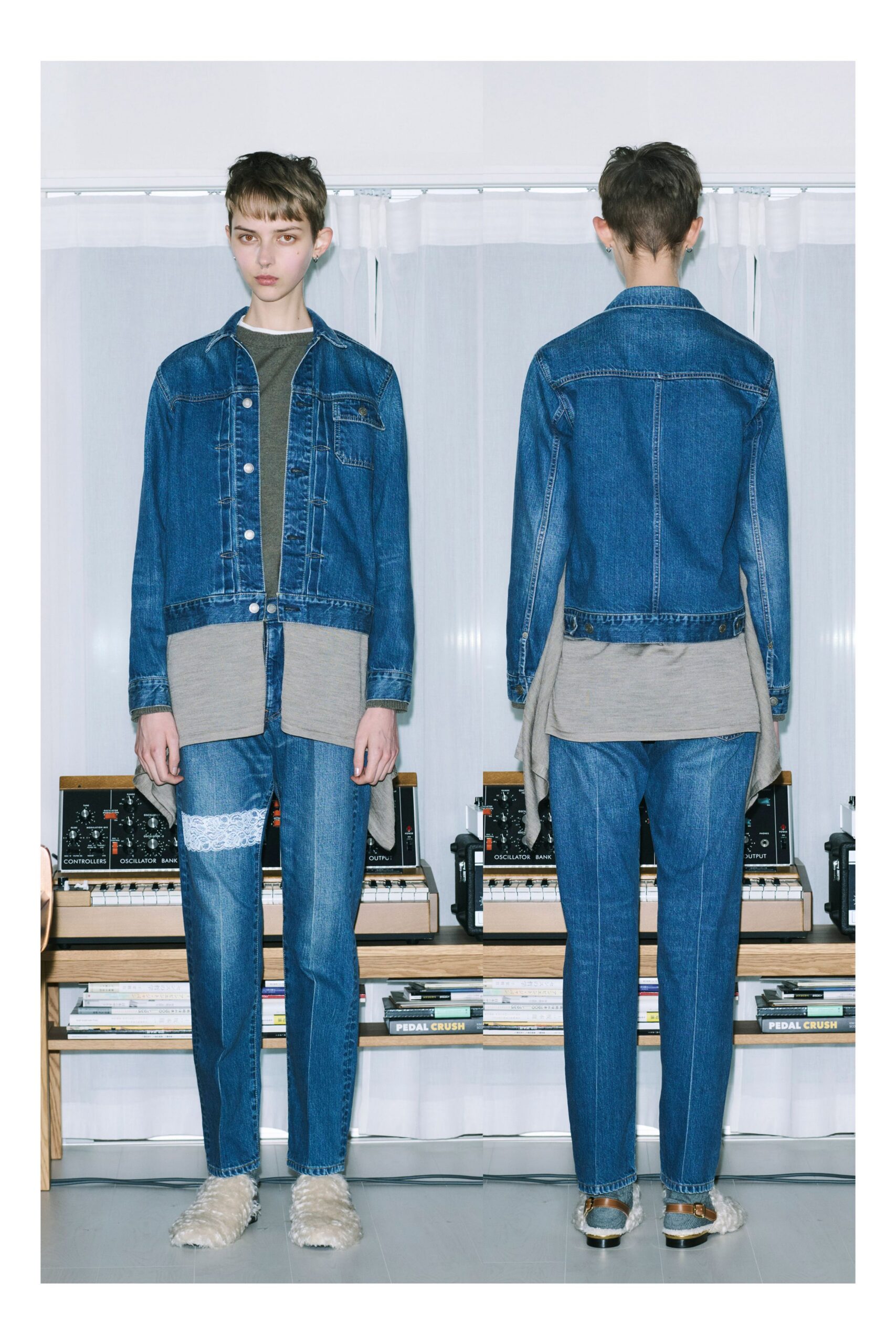 denim jacket gray top blue pants