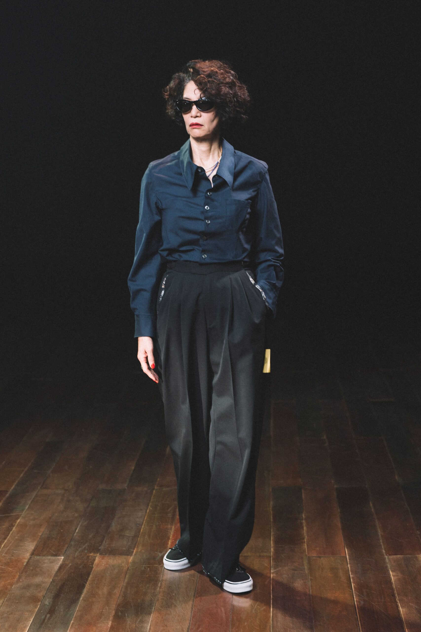 blue fitted shirt black pants
