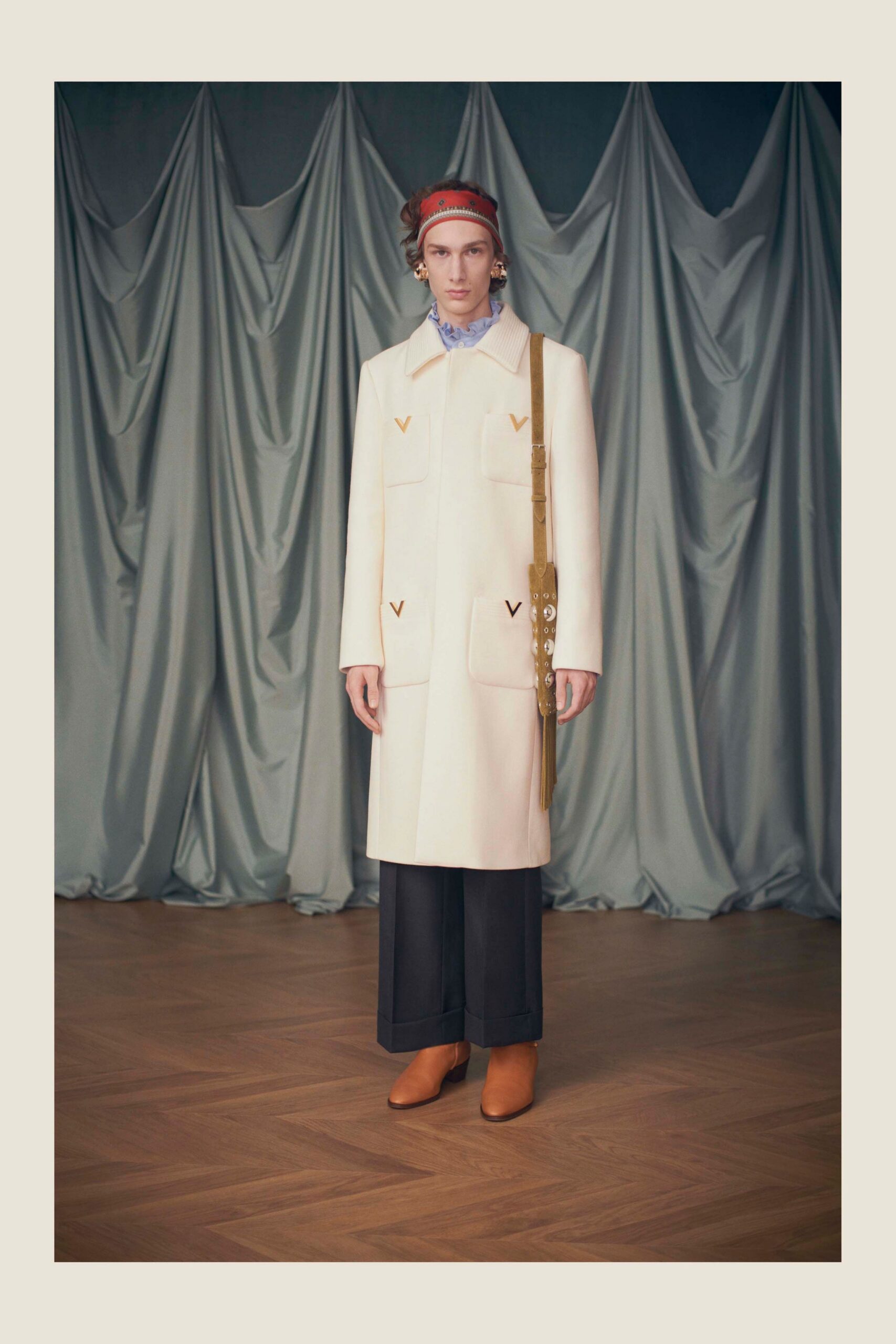 ivory wool coat with blue shirt
