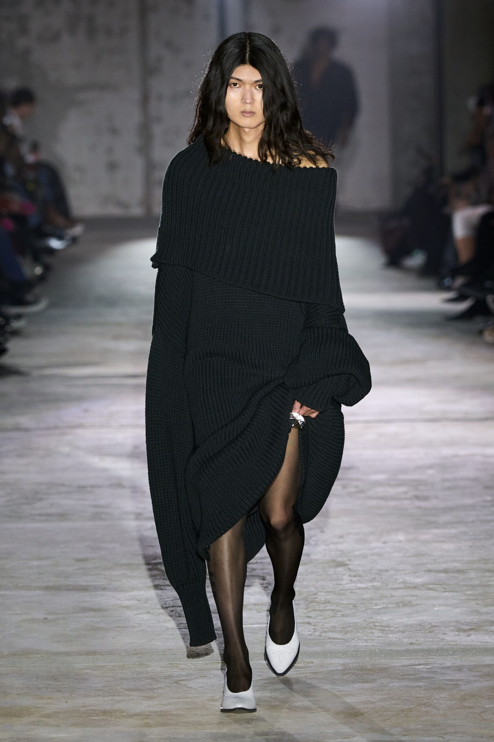 black ribbed off-shoulder midi dress with white shoes