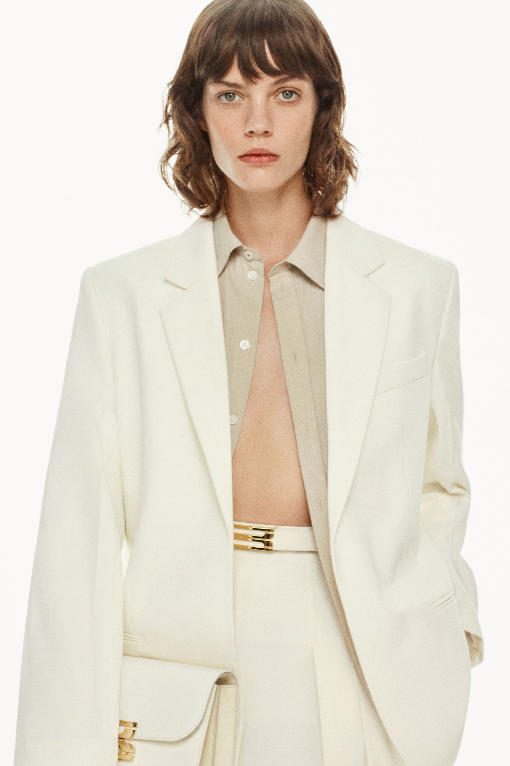 white blazer beige shirt tailored pants