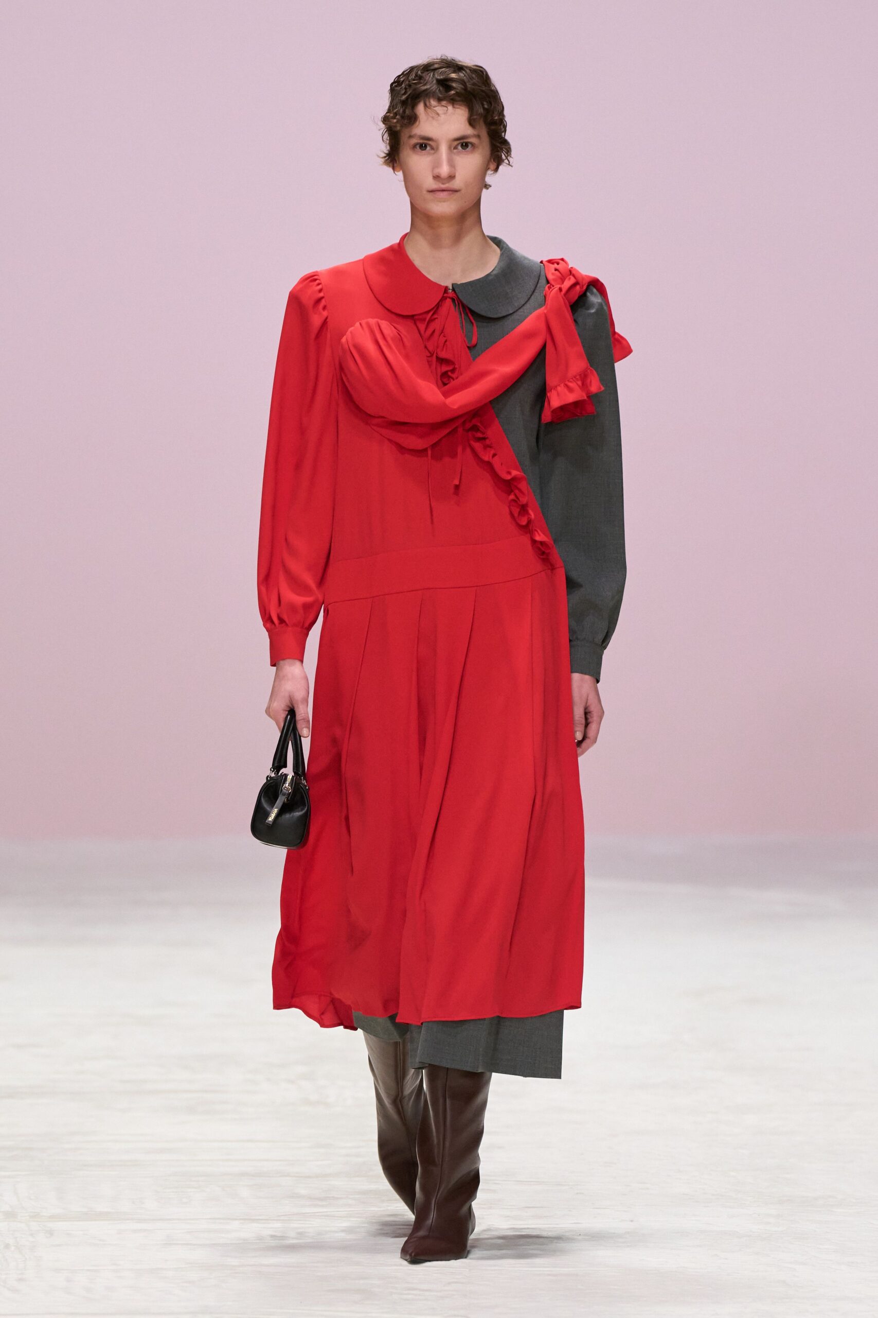 red silk long-sleeve collared fitted ruffled pleated dress