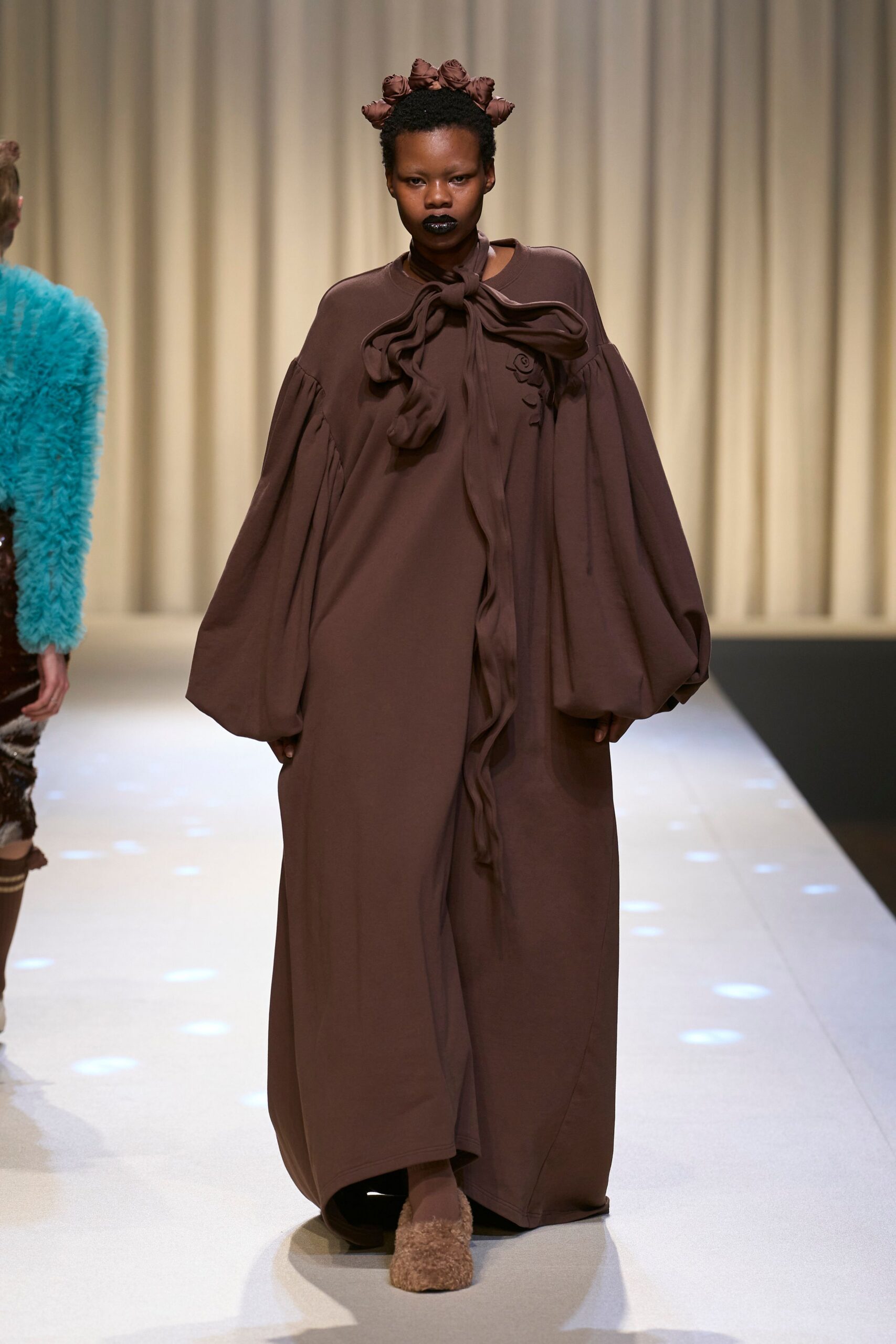 brown cotton long-sleeve collared relaxed draped maxi dress