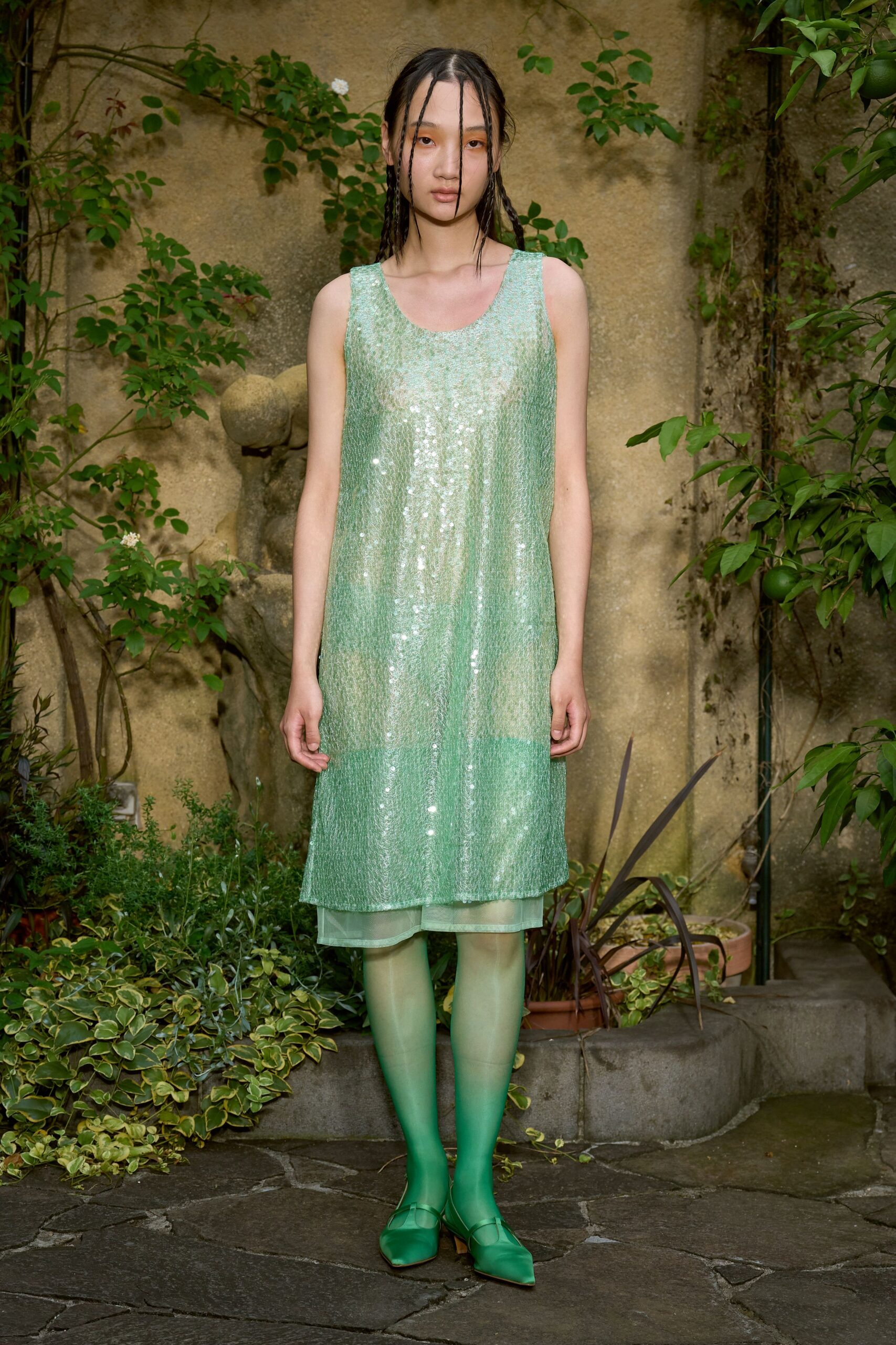 green sequin sleeveless collared fitted layered shiny dress