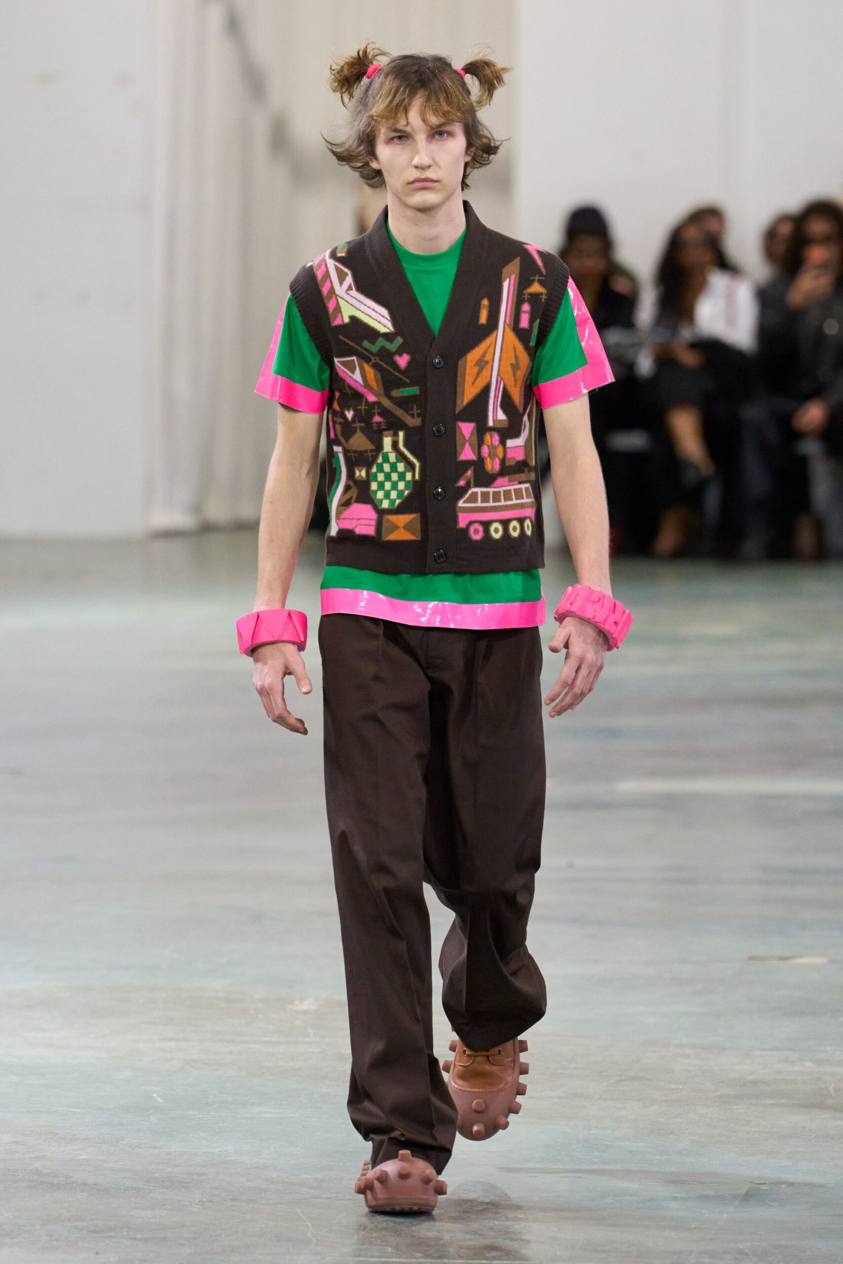 colorful vest with relaxed pants