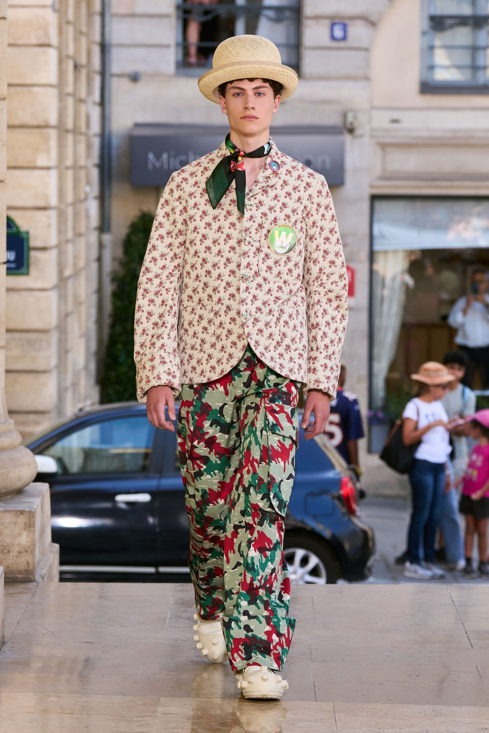 floral jacket with camouflage pants