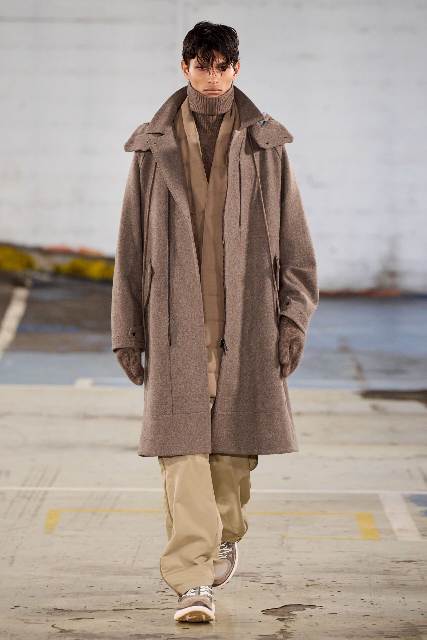 brown oversized coat with beige turtleneck