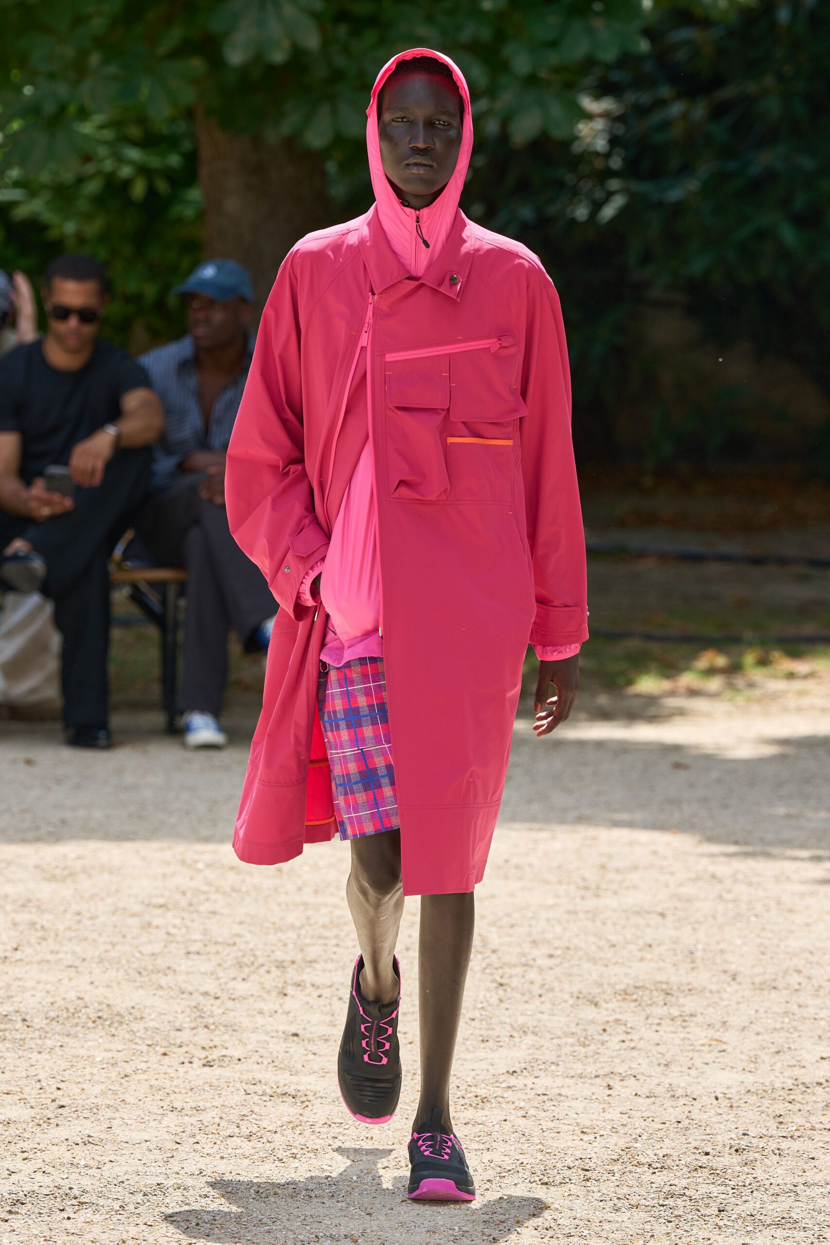pink hooded coat with plaid shorts