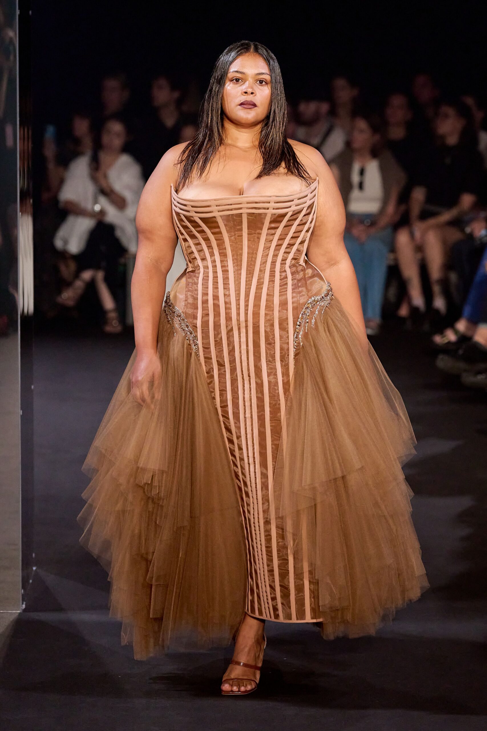 brown tulle sleeveless v-neck fitted pleated layered gown