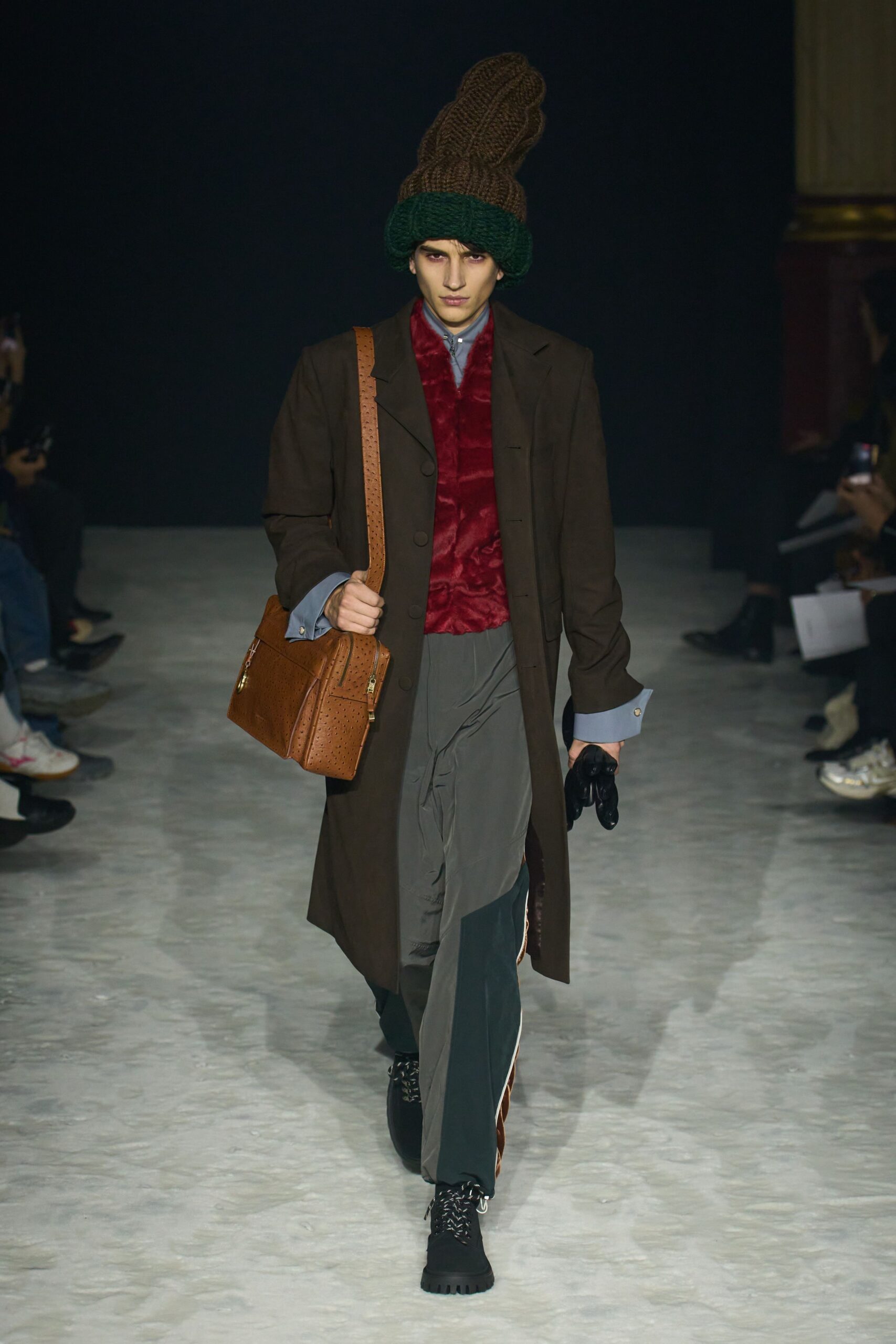 brown wool coat with red velvet vest