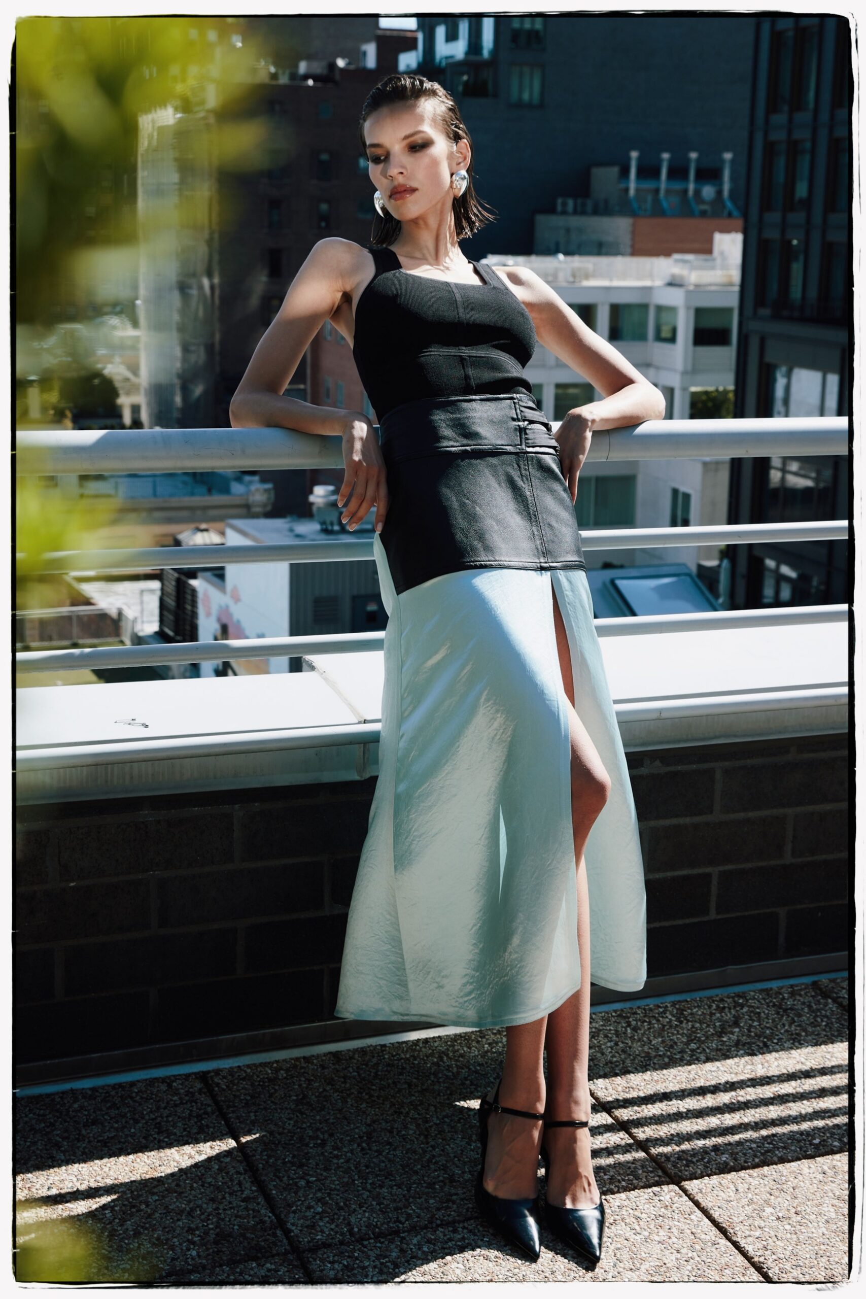 blue silk slit fitted high-waisted flowing midi skirt