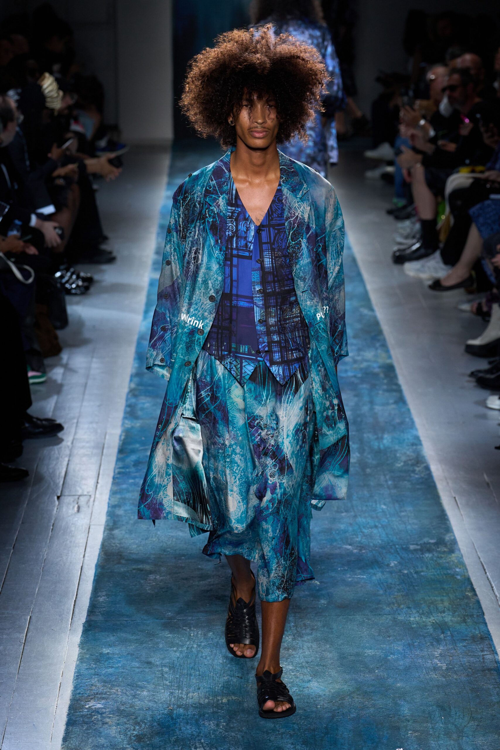 blue silk long-sleeve relaxed printed flowing midi coat