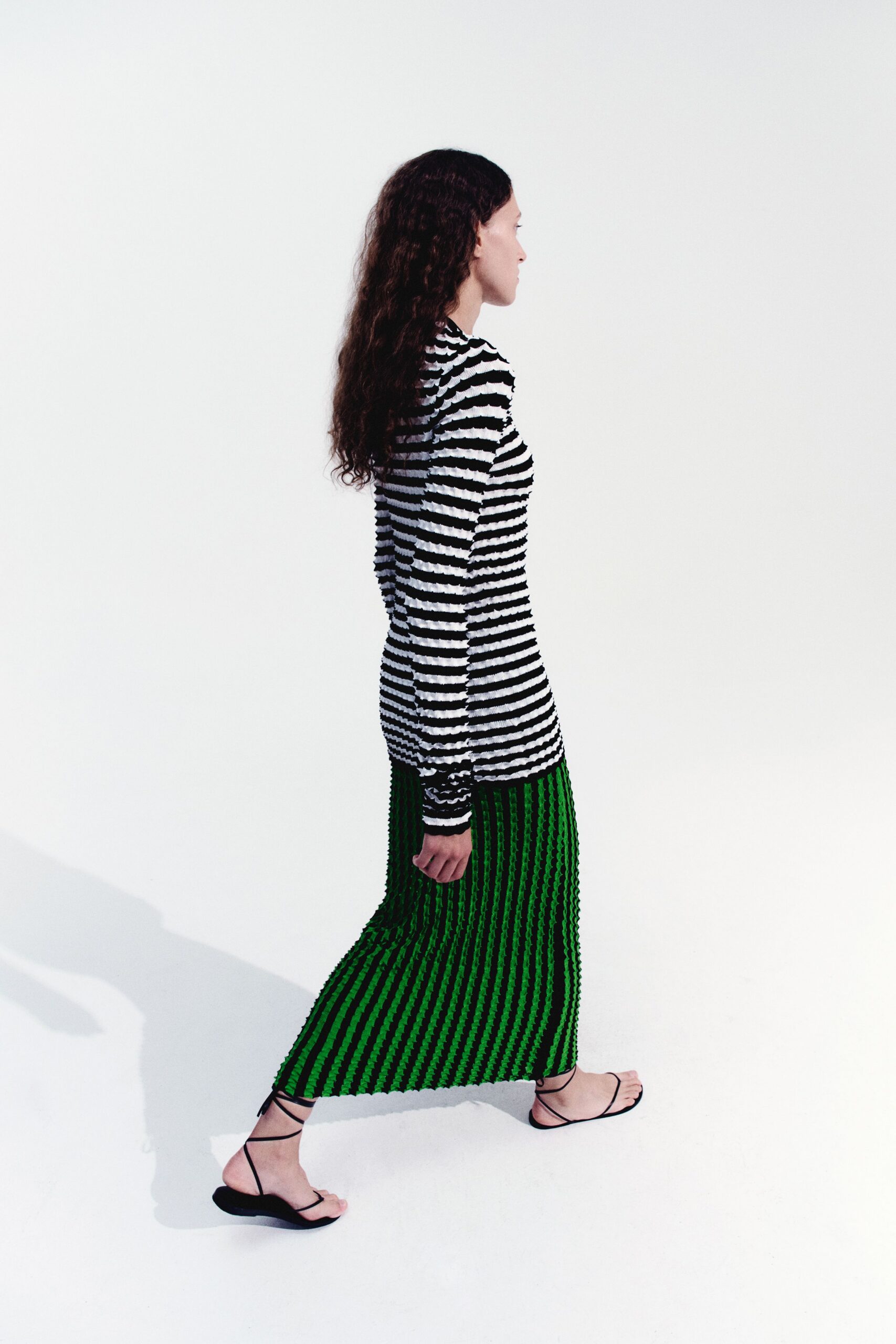 green cotton fitted pleated maxi skirt