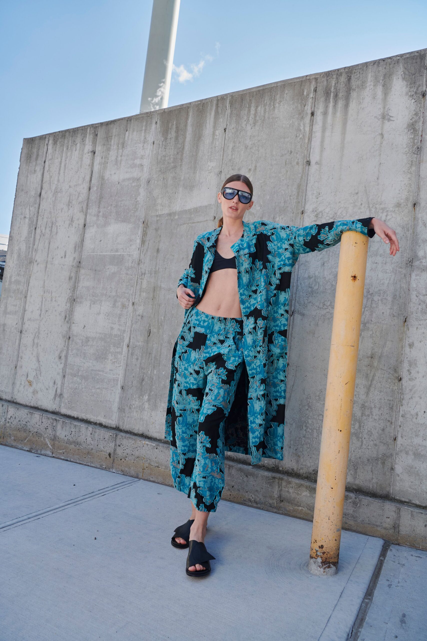 blue printed coat with black crop top