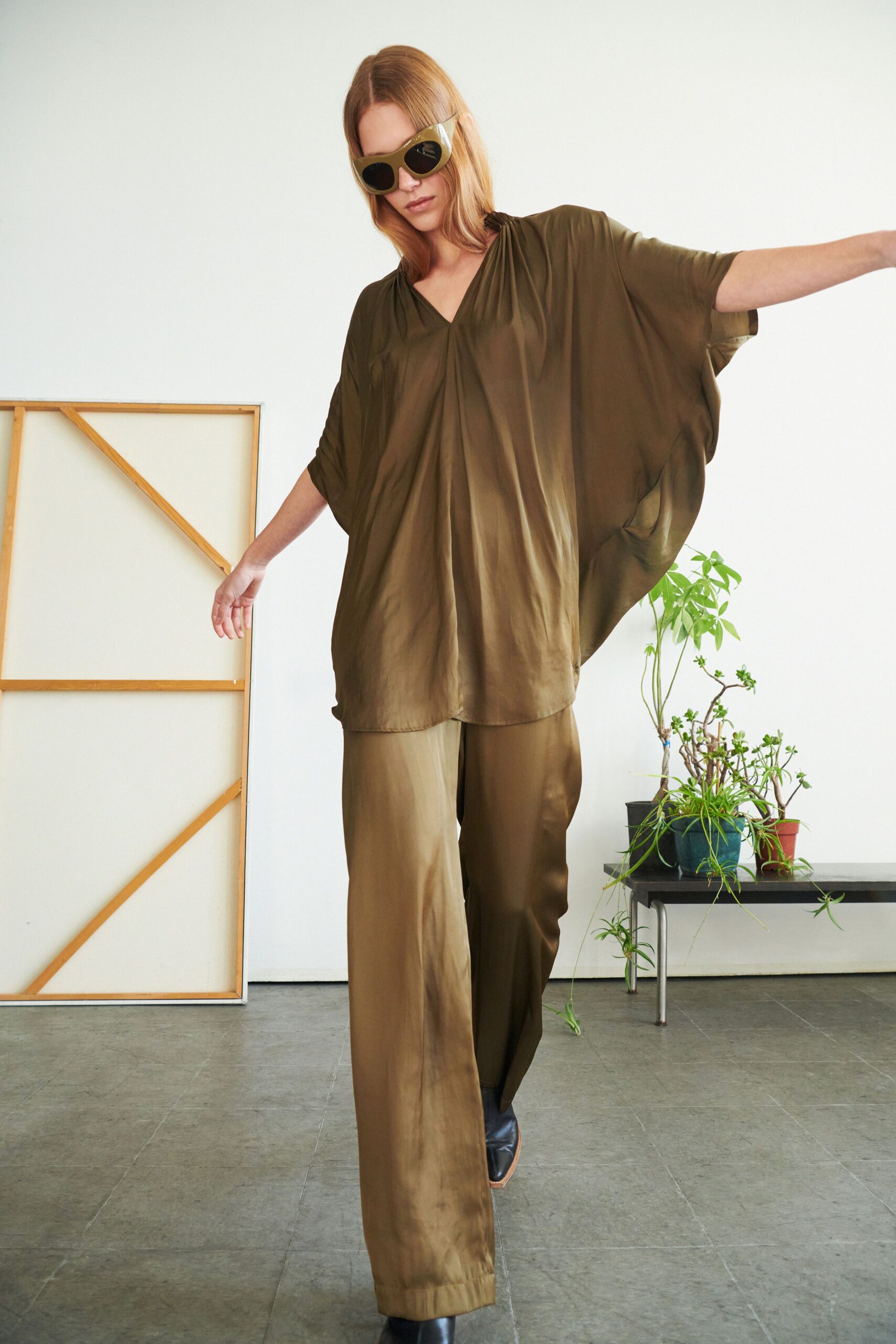 brown silk sleeveless v-neck relaxed draped flowing top