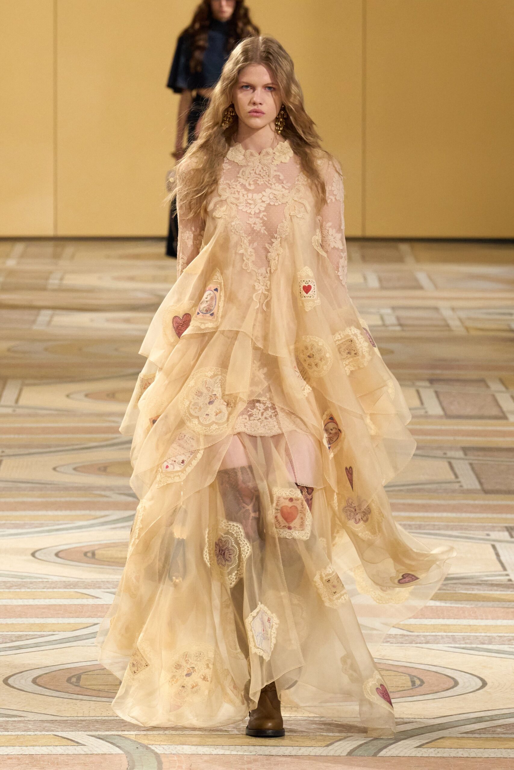 beige chiffon long-sleeve v-neck fitted tiered embroidered gown
