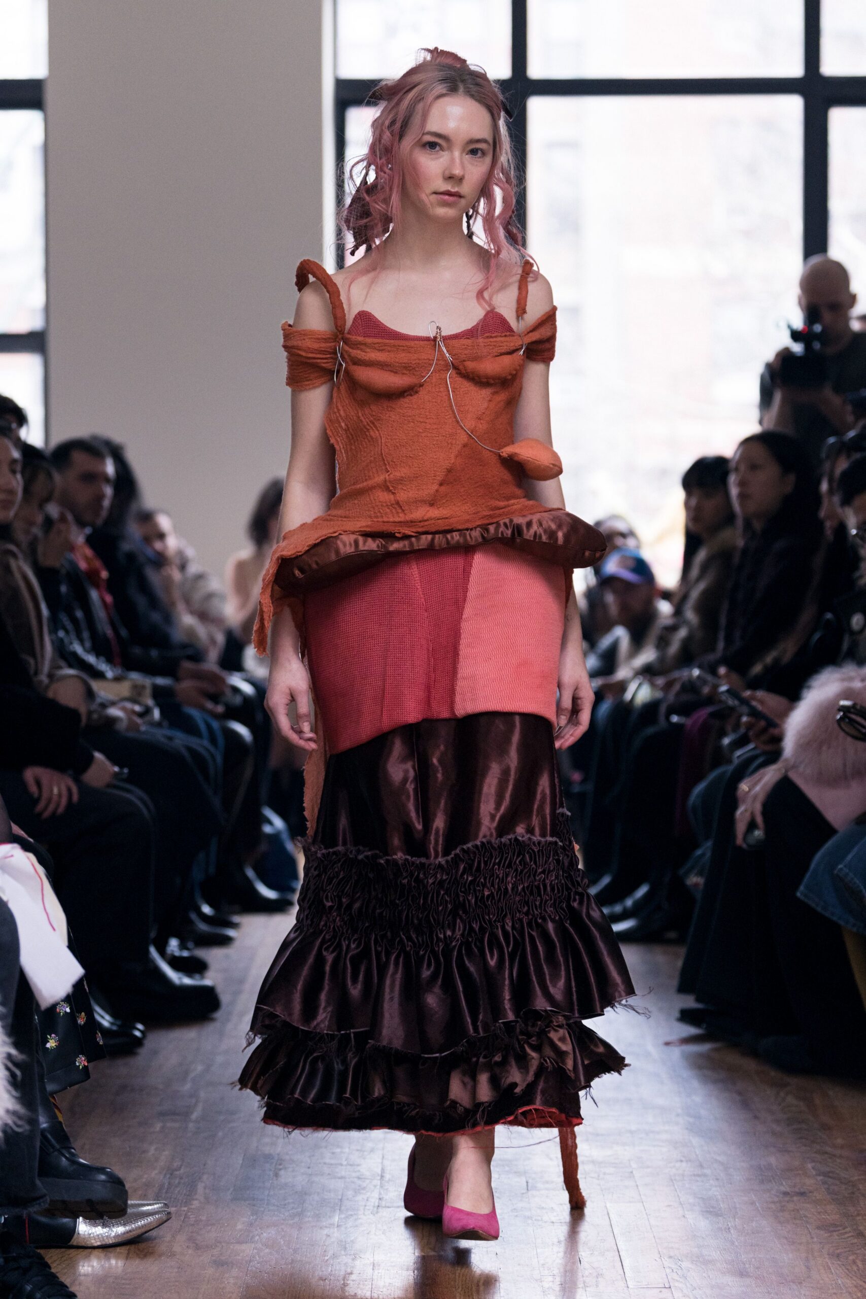 orange cotton short-sleeve off-shoulder fitted ruffled tiered dress