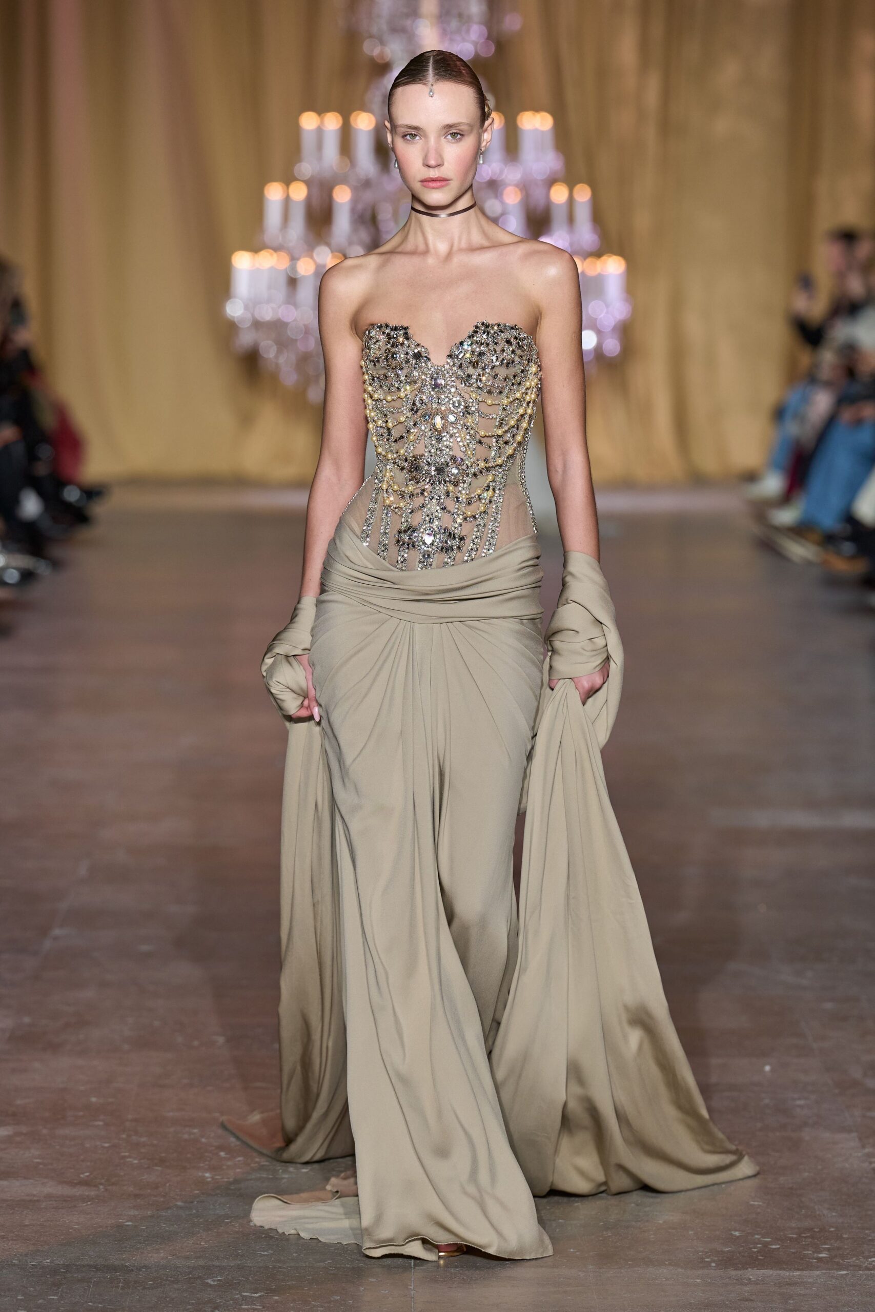 beige strapless beaded gown