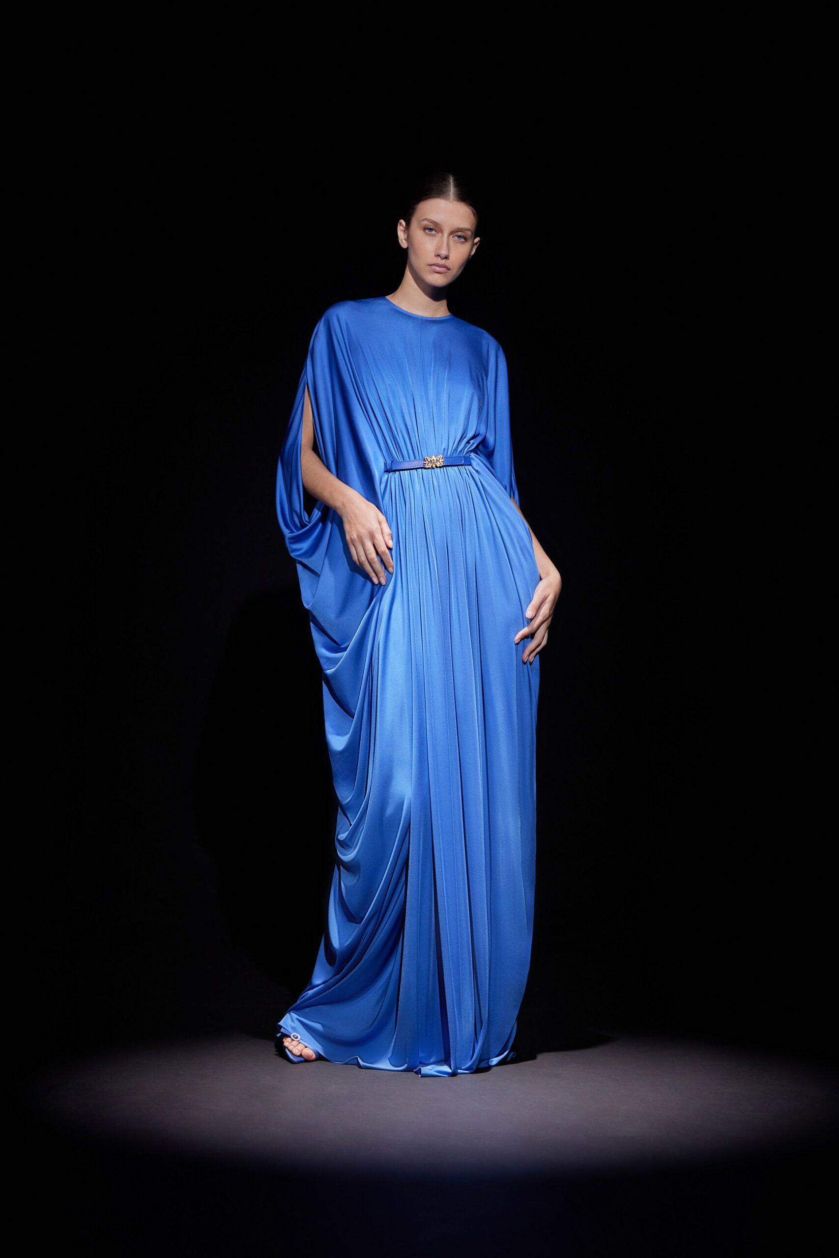 blue silk sleeveless gown