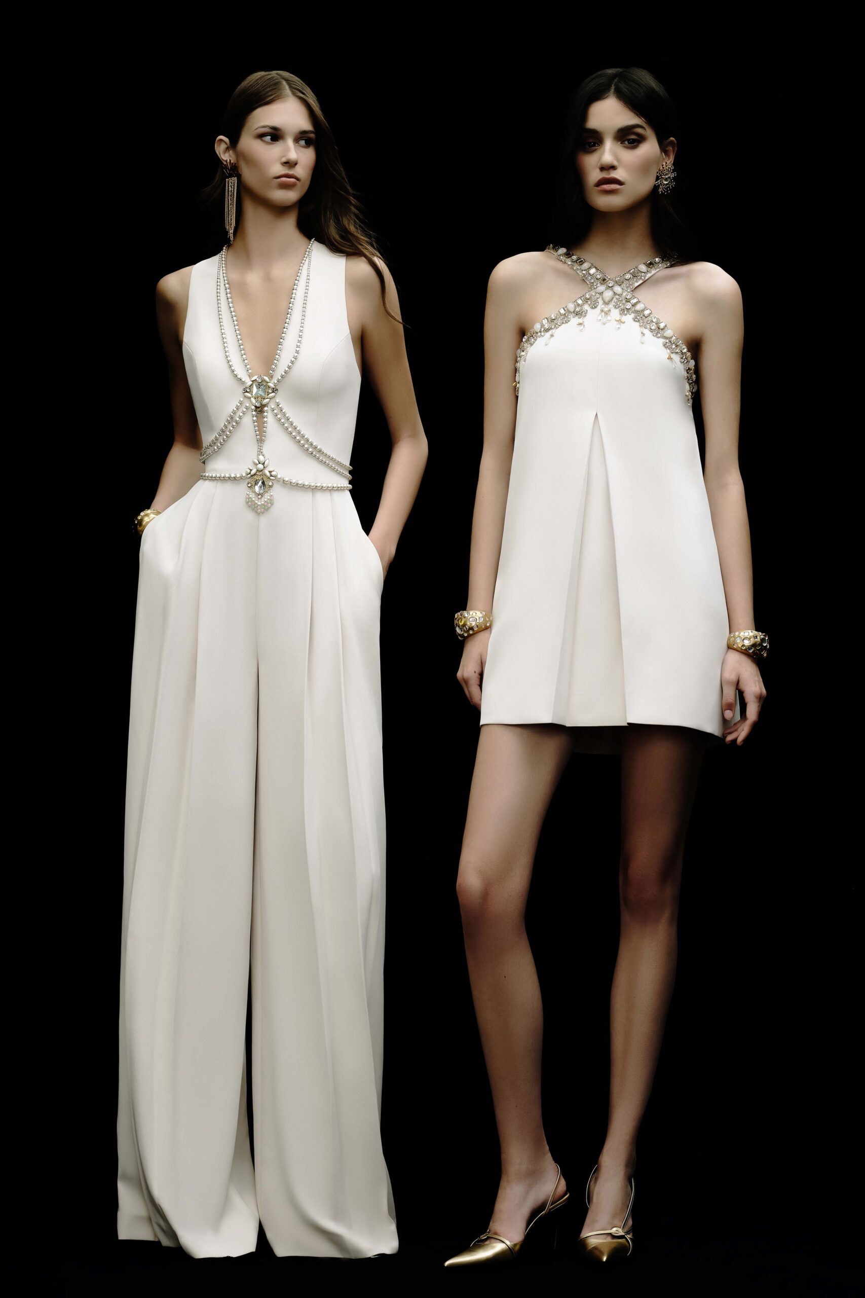 white silk sleeveless high-neck fitted pleated embellished mini-dress