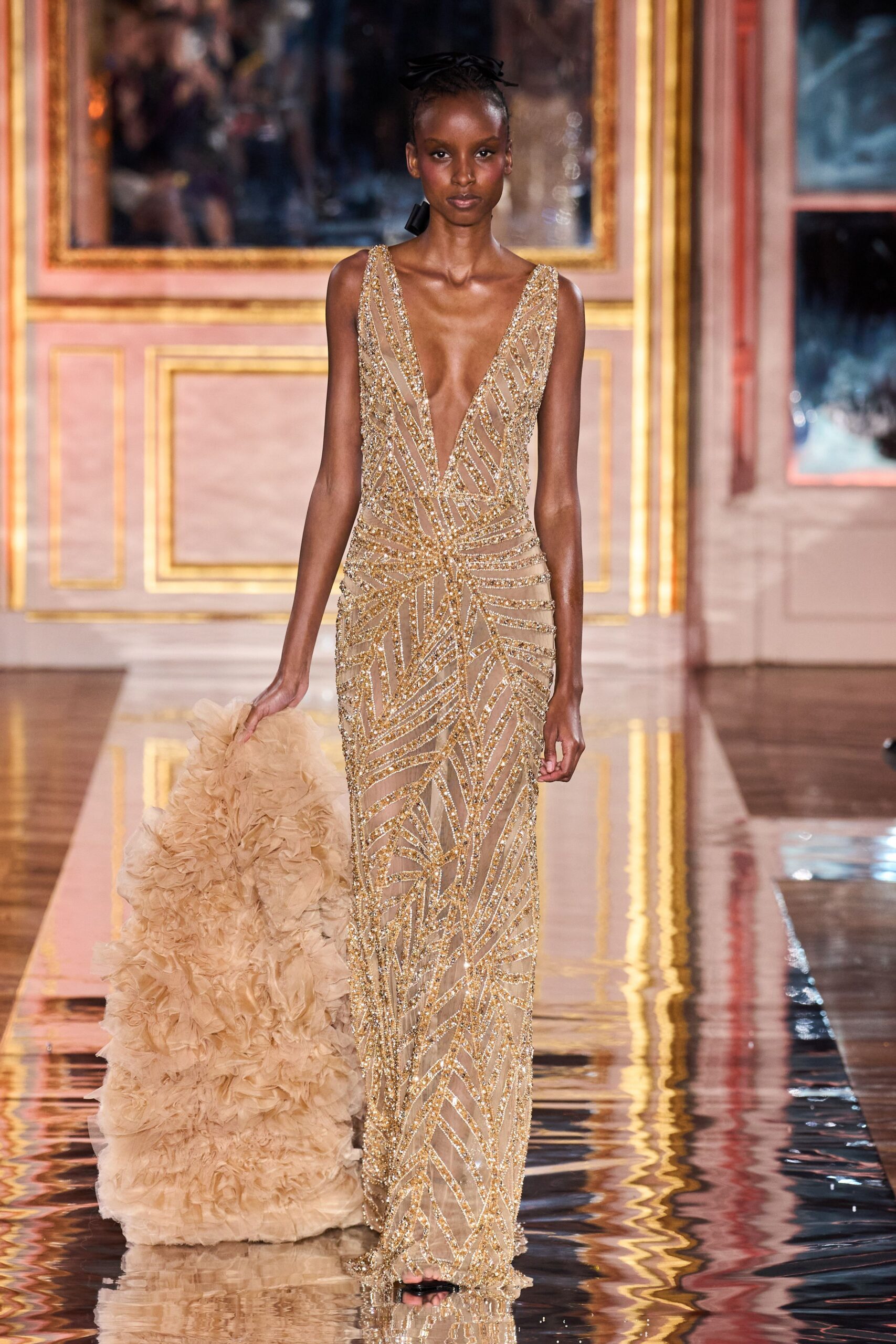 gold beaded sleeveless gown