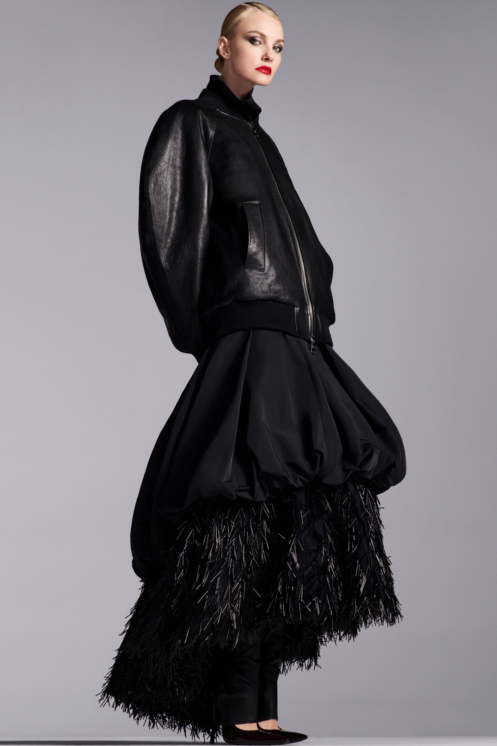 black leather long-sleeve collared oversized zippered jacket