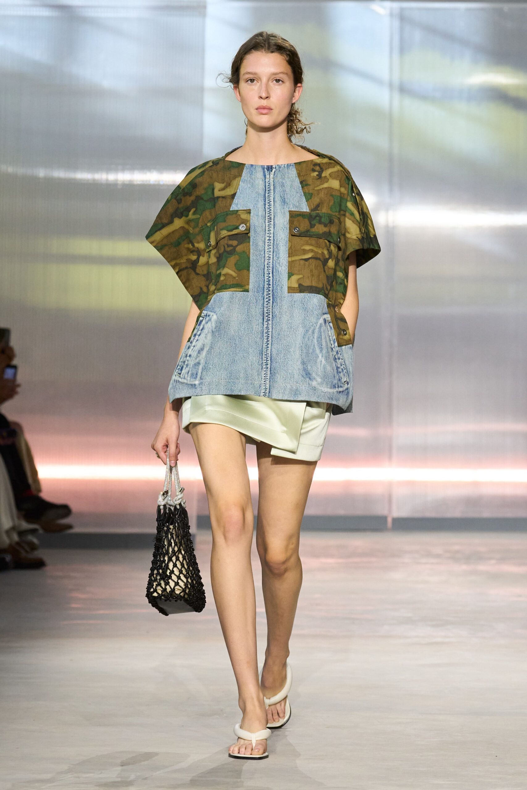 green denim short-sleeve collared relaxed patchwork top