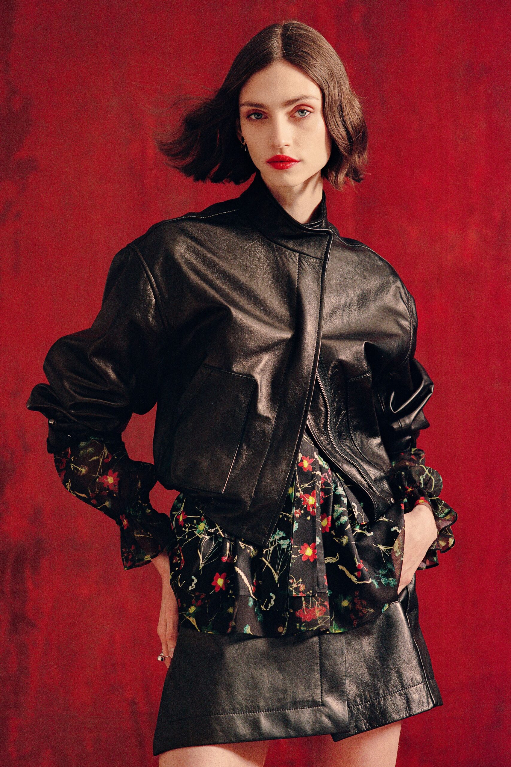 black leather jacket and skirt