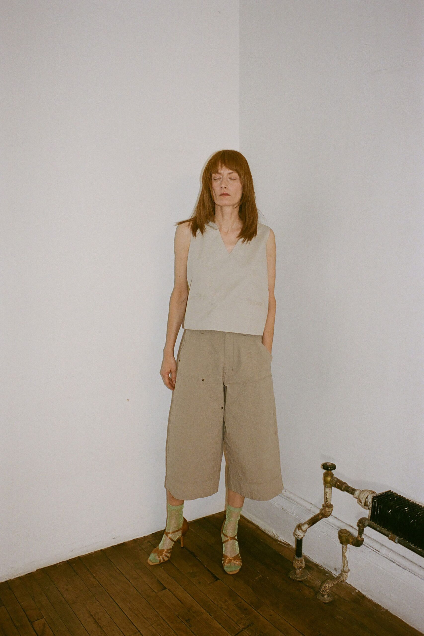 beige relaxed top with culottes