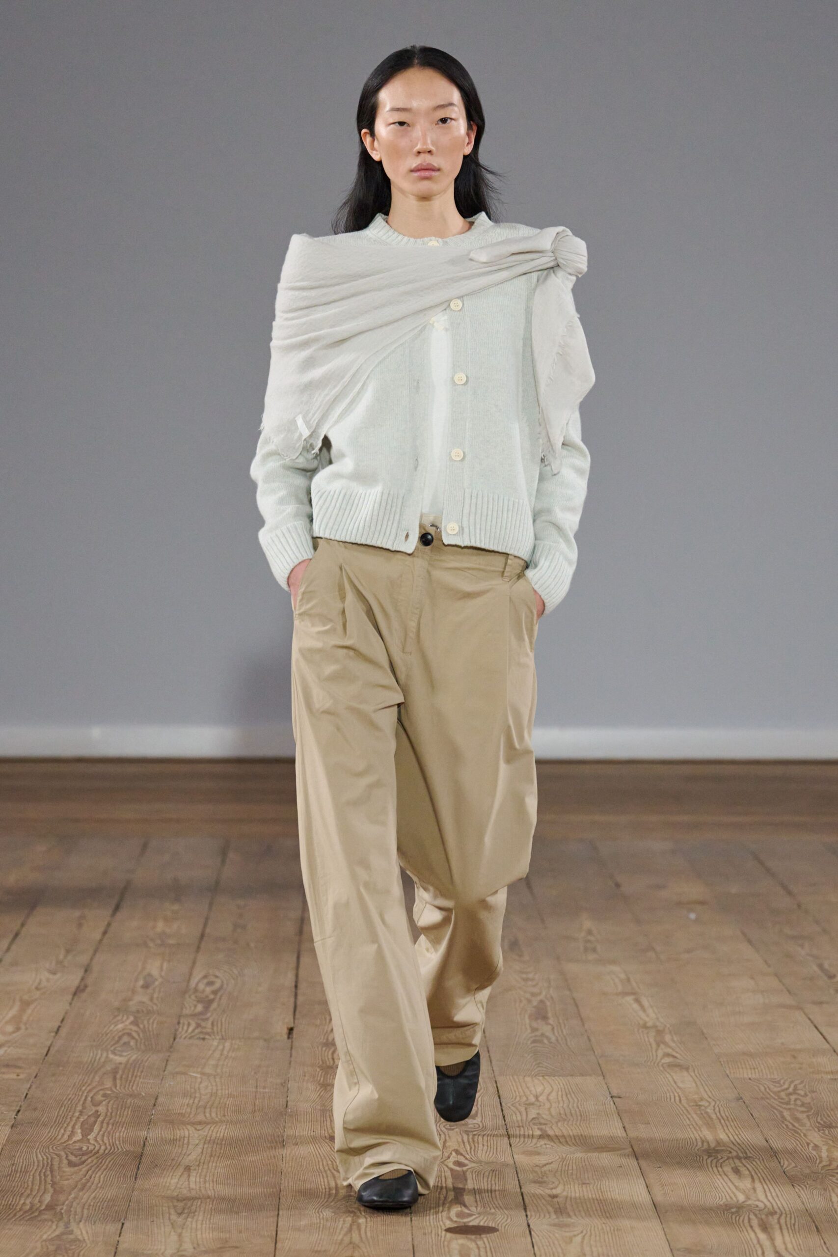 gray wool long-sleeve collared relaxed layered cardigan