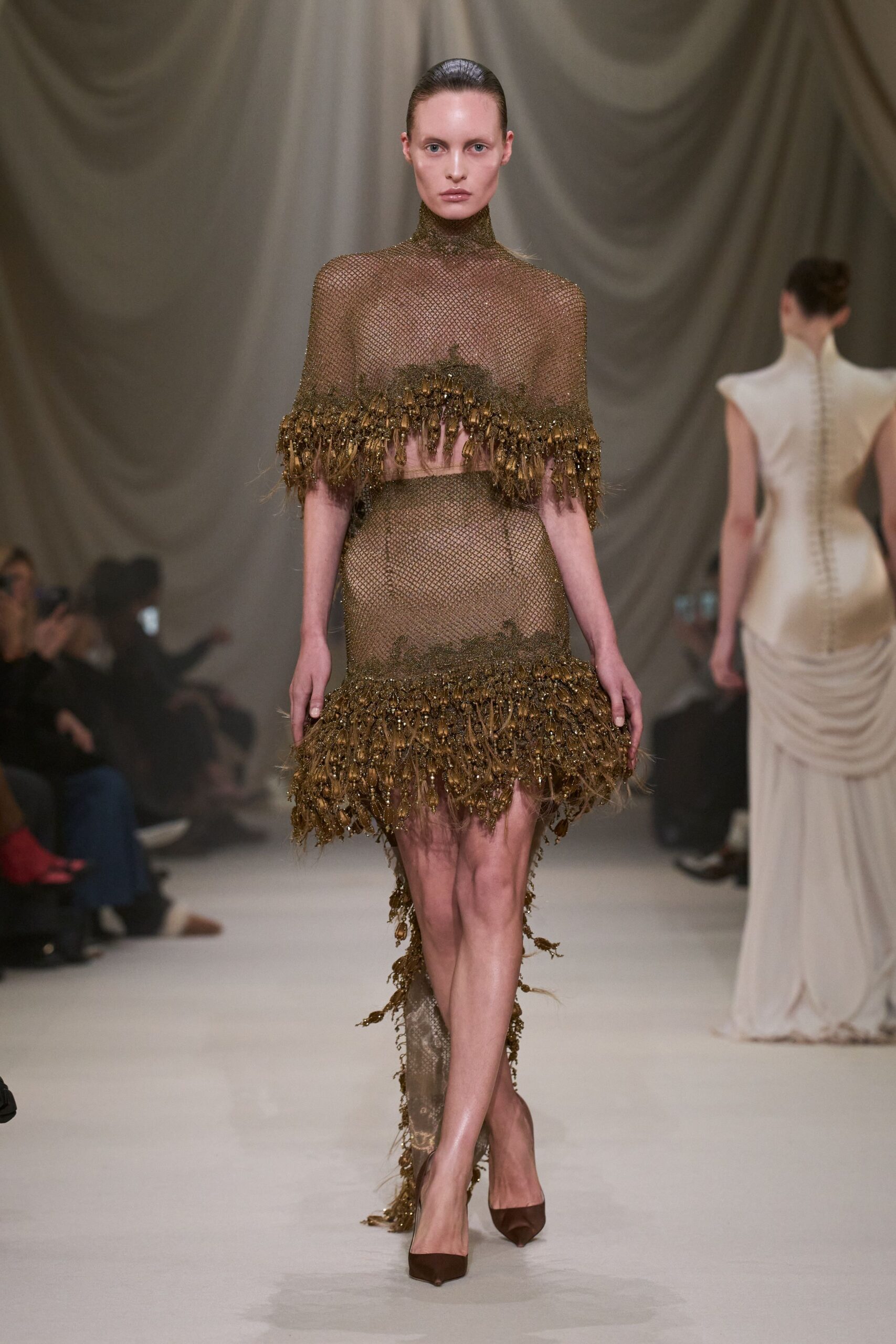 gold mesh fringed mini dress